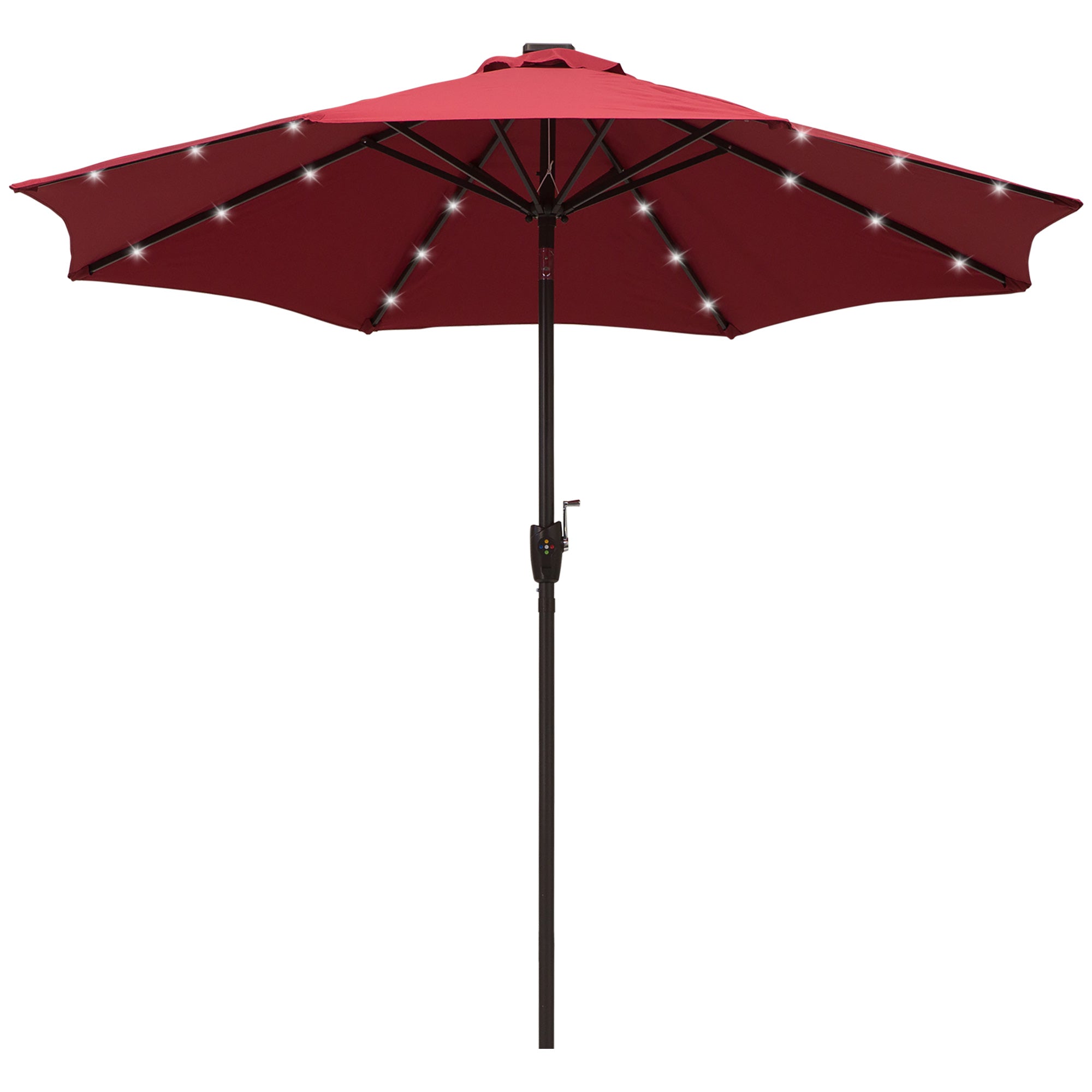 Outsunny Φ2.7m Garden 24 LED Light Parasol Solar Outdoor Tilt Sun Umbrella Patio Club Party Event Manual Sun Shade w/ Hand Crank and 8 Ribs Red