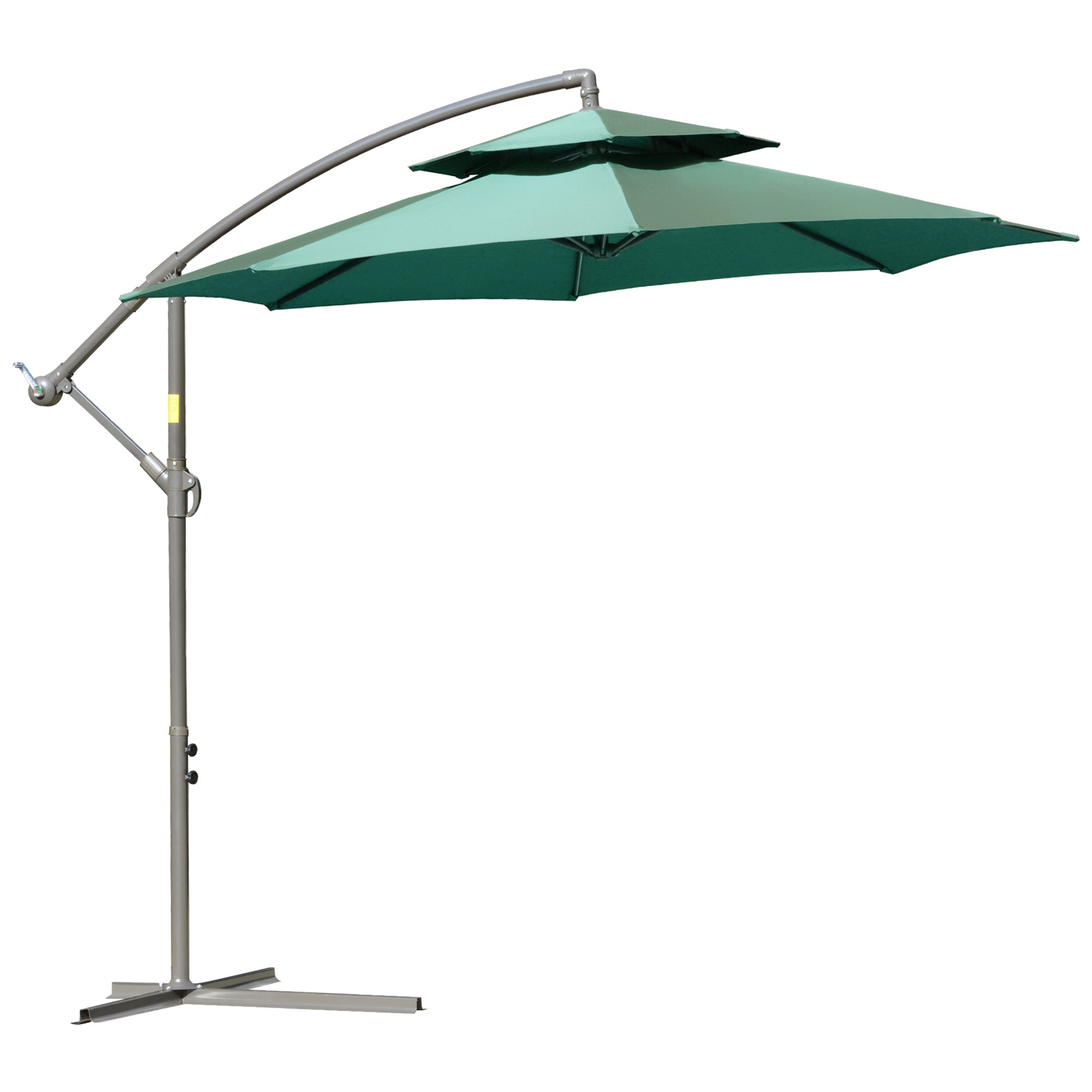 Outsunny 2.7m Cantilever Banana Parasol with Crank Handle, Double Tier Canopy & Cross Base, Outdoor Hanging Sun Shade, Green