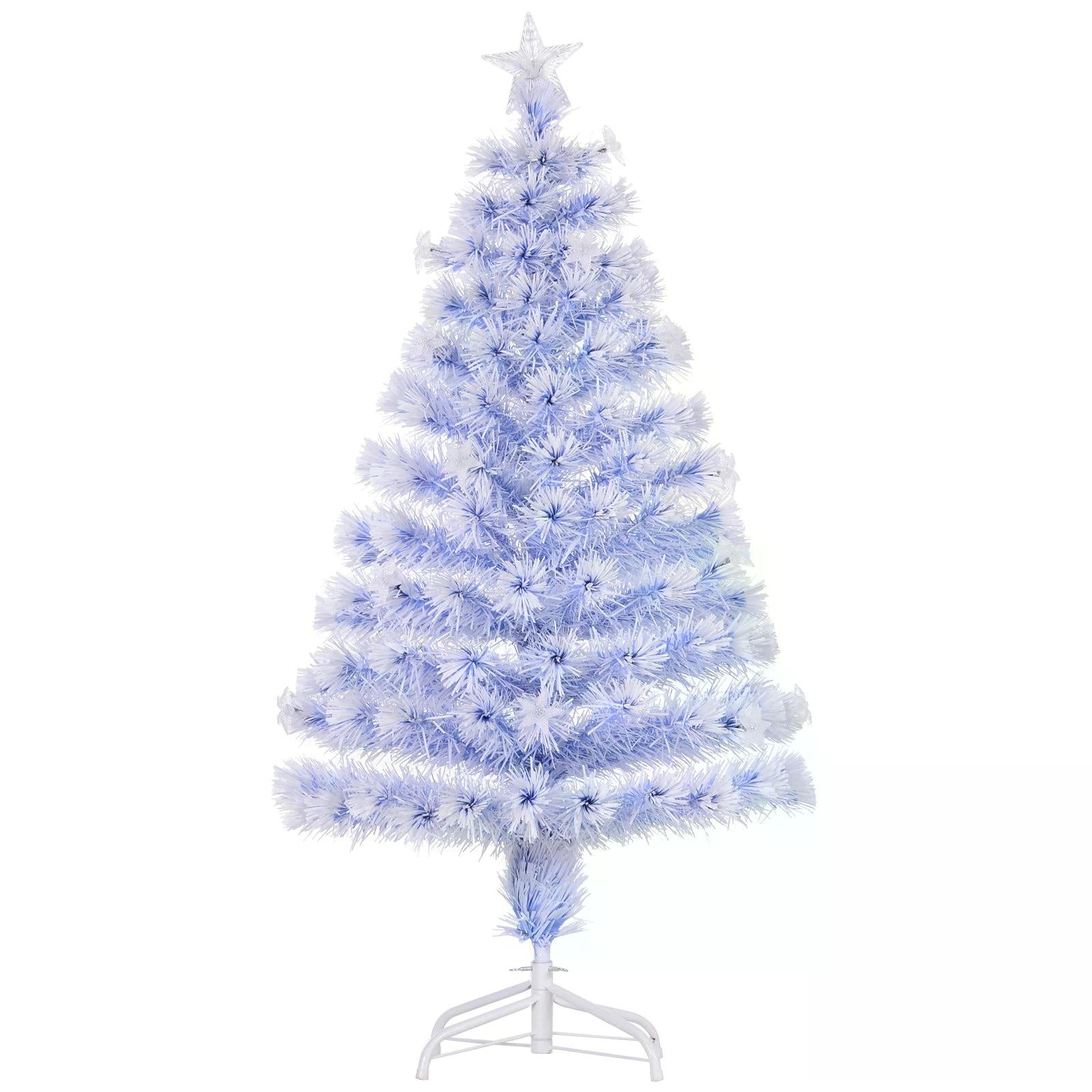 HOMCOM Artificial Fibre Optic Christmas Tree w/ 26 LED Lights Pre-Lit White Blue 4FT