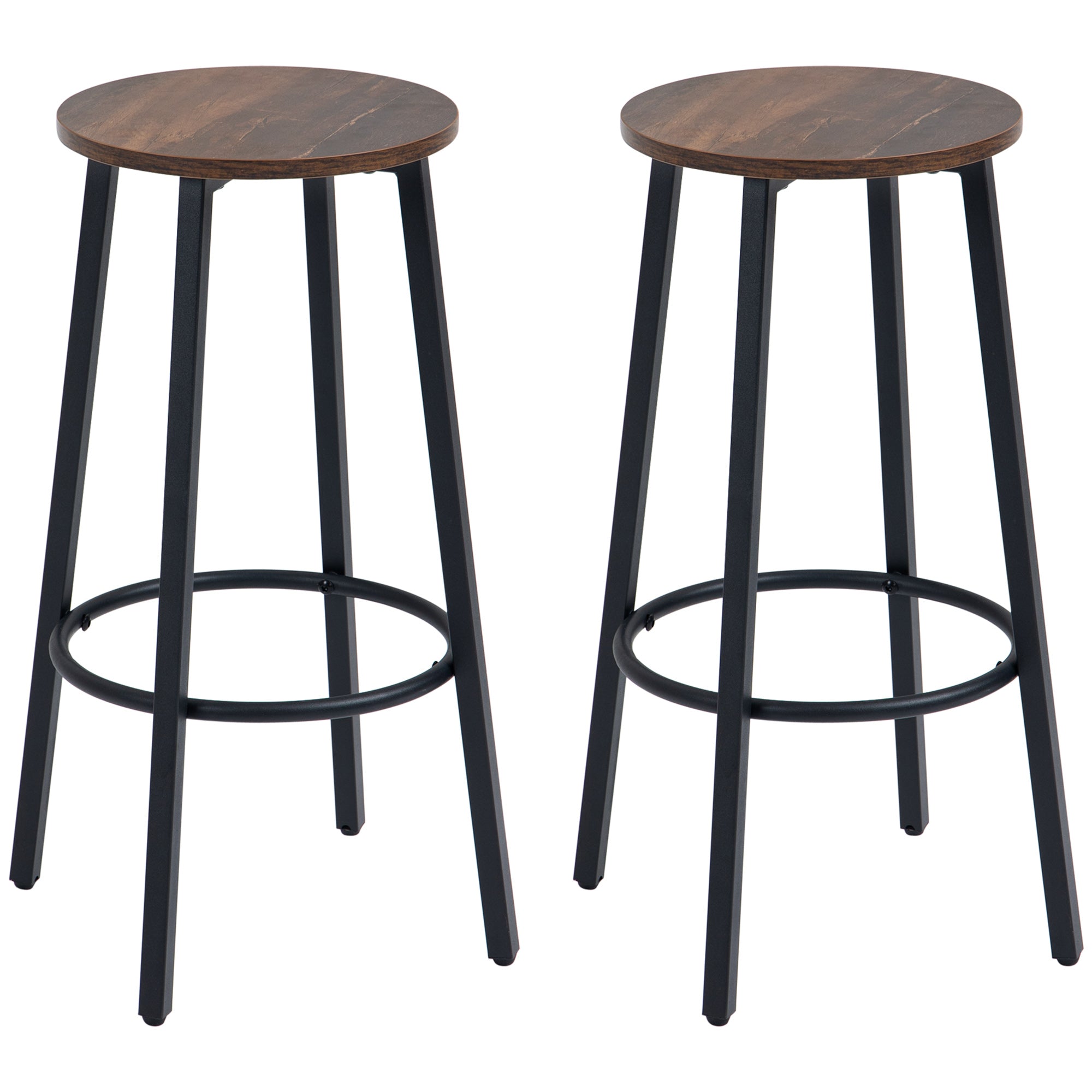 HOMCOM Industrial Bar Stools Set of 2: Steel Legs, Round Footrest, Rustic Brown for Dining Areas