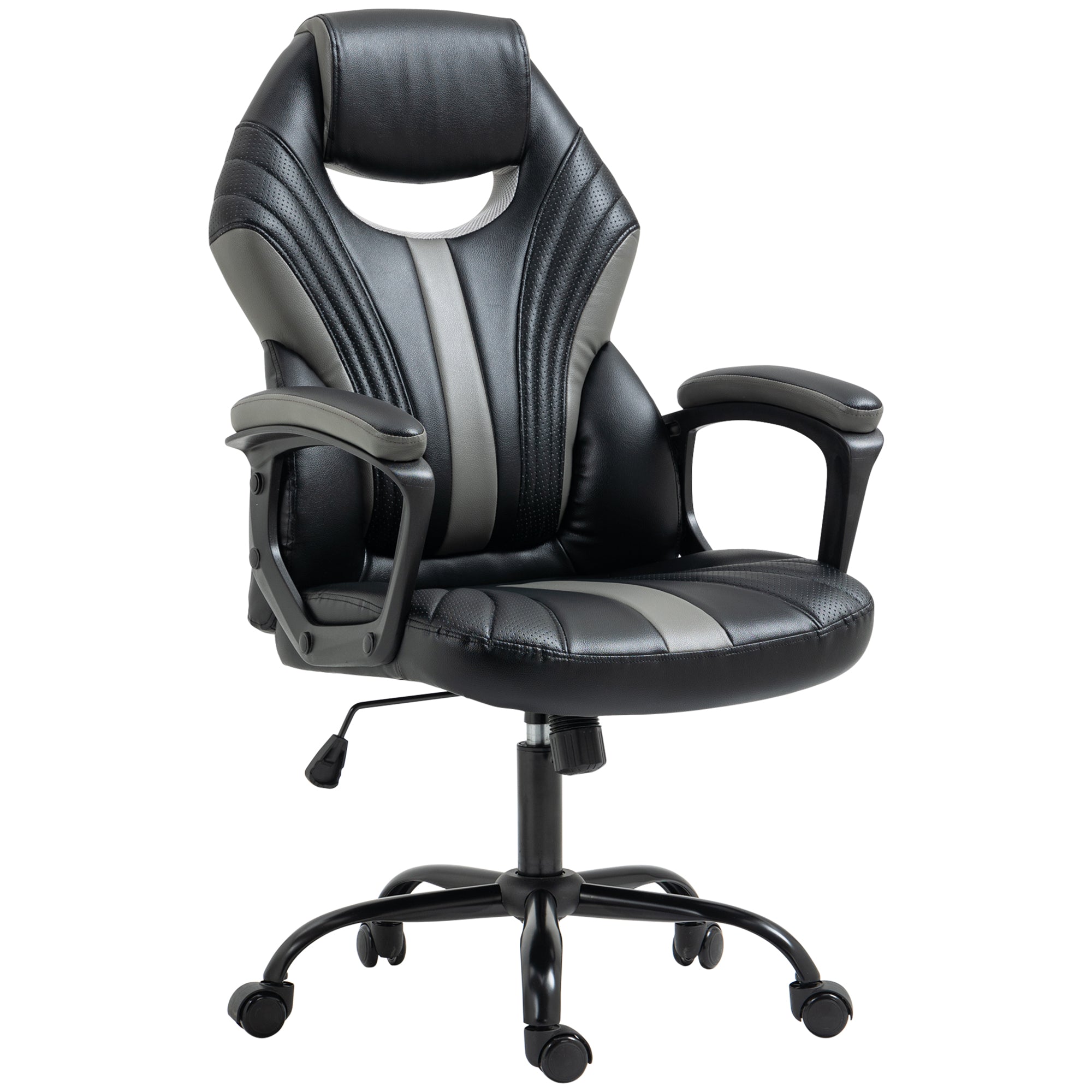 Vinsetto Ergonomic Racing Style Gaming Chair, Swivel Home Office Desk Chair in Faux Leather with Wheels, Black/Grey