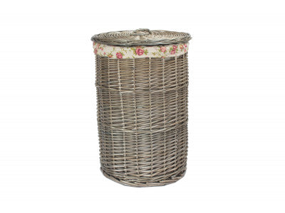 SMALL ANTIQUE WASH ROUND LINEN BASKET with GARDEN ROSE LINING