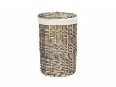 SMALL ANTIQUE WASH ROUND LINEN BASKET with WHITE LINING