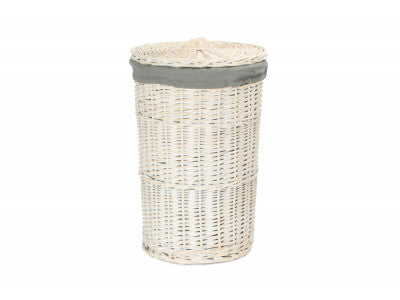 SMALL ROUND WHITE WASH LAUNDRY HAMPER with GREY SAGE LINING