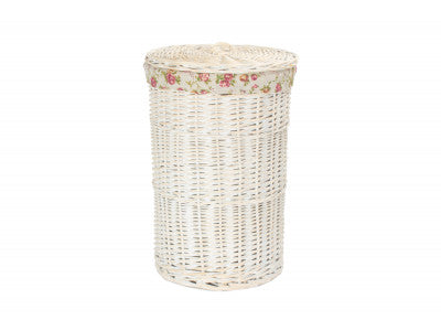 SMALL ROUND WHITE WASH LAUNDRY HAMPER with GARDEN ROSE LINING