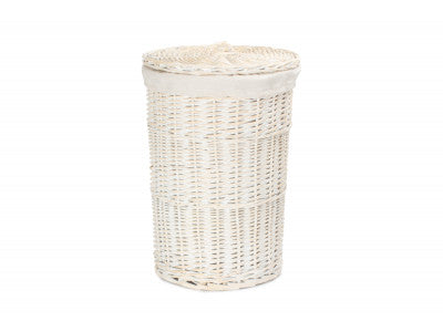 SMALL ROUND WHITE WASH LAUNDRY HAMPER with WHITE LINING