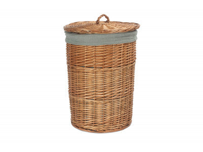 SMALL LIGHT STEAMED ROUND LINEN BASKET with GREY SAGE LINING