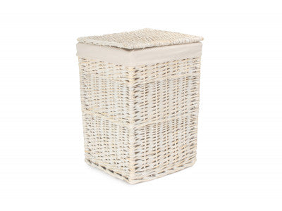 SMALL SQUARE WHITE WASH LAUNDRY HAMPER with WHITE LINING