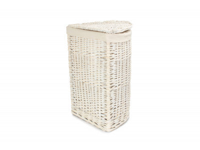 SMALL CORNER WHITE WASH LAUNDRY HAMPER with WHITE LINING