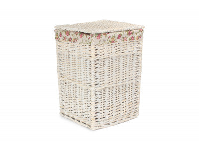 SMALL SQUARE WHITE WASH LAUNDRY HAMPER with GARDEN ROSE LINING