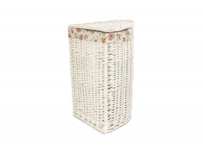 SMALL CORNER WHITE WASH LAUNDRY HAMPER with GARDEN ROSE LINING