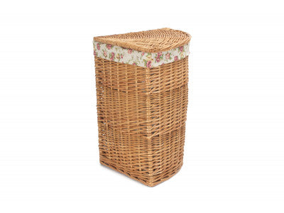 SMALL LIGHT STEAMED CORNER LINEN BASKET with GARDEN ROSE LINING