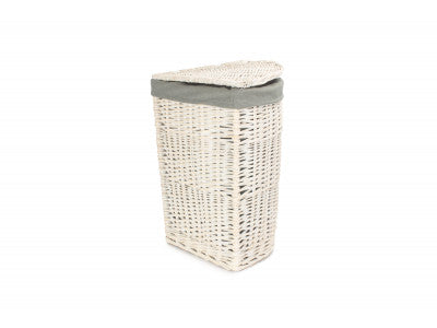 SMALL CORNER WHITE WASH LAUNDRY HAMPER wih GREY SAGE LINING