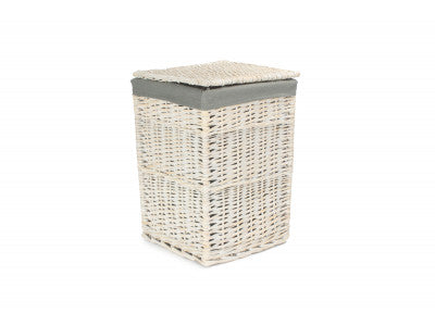 SMALL SQUARE WHITE WASH LAUNDRY HAMPER with GREY SAGE LINING