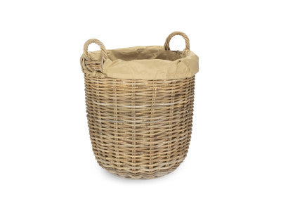 MEDIUM TALL ROUND FIRESIDE GREY RATTAN LOG BASKET with REMOVABLE CORDURA LINING