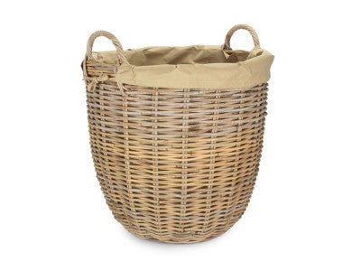 LARGE TALL ROUND FIRESIDE GREY RATTAN LOG BASKET with REMOVABLE CORDURA LINING