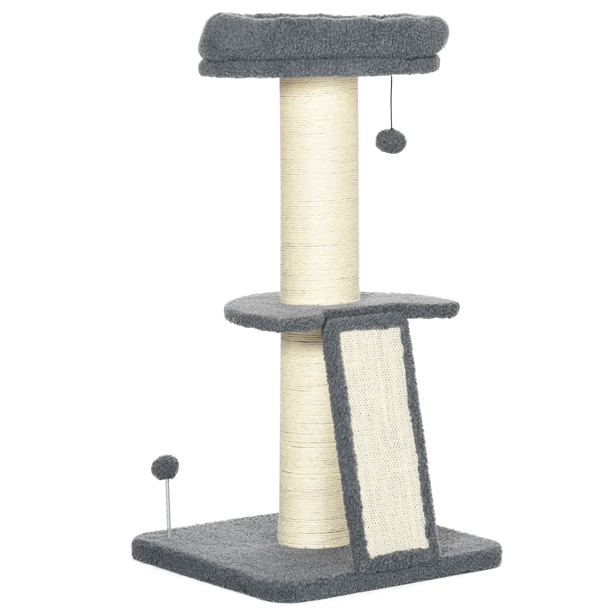 PawHut Cat Tree Tower: Scratching Posts, Pad, Bed, Toy Ball for Cats under 6kg, Dark Grey & Beige