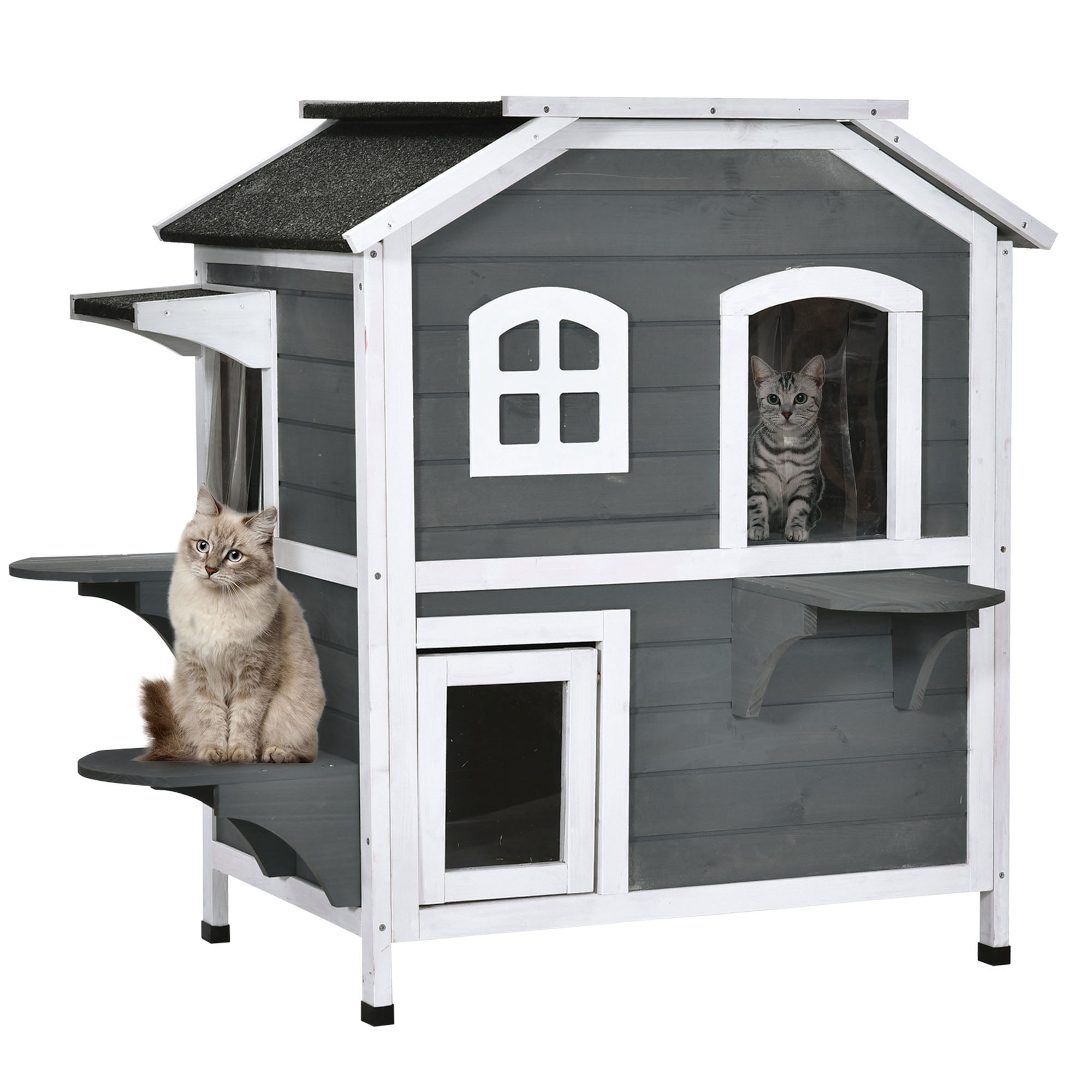 PawHut Solid Wood Cat Condos Pet House Water Proof Outdoor 2-Floor Villa, Grey