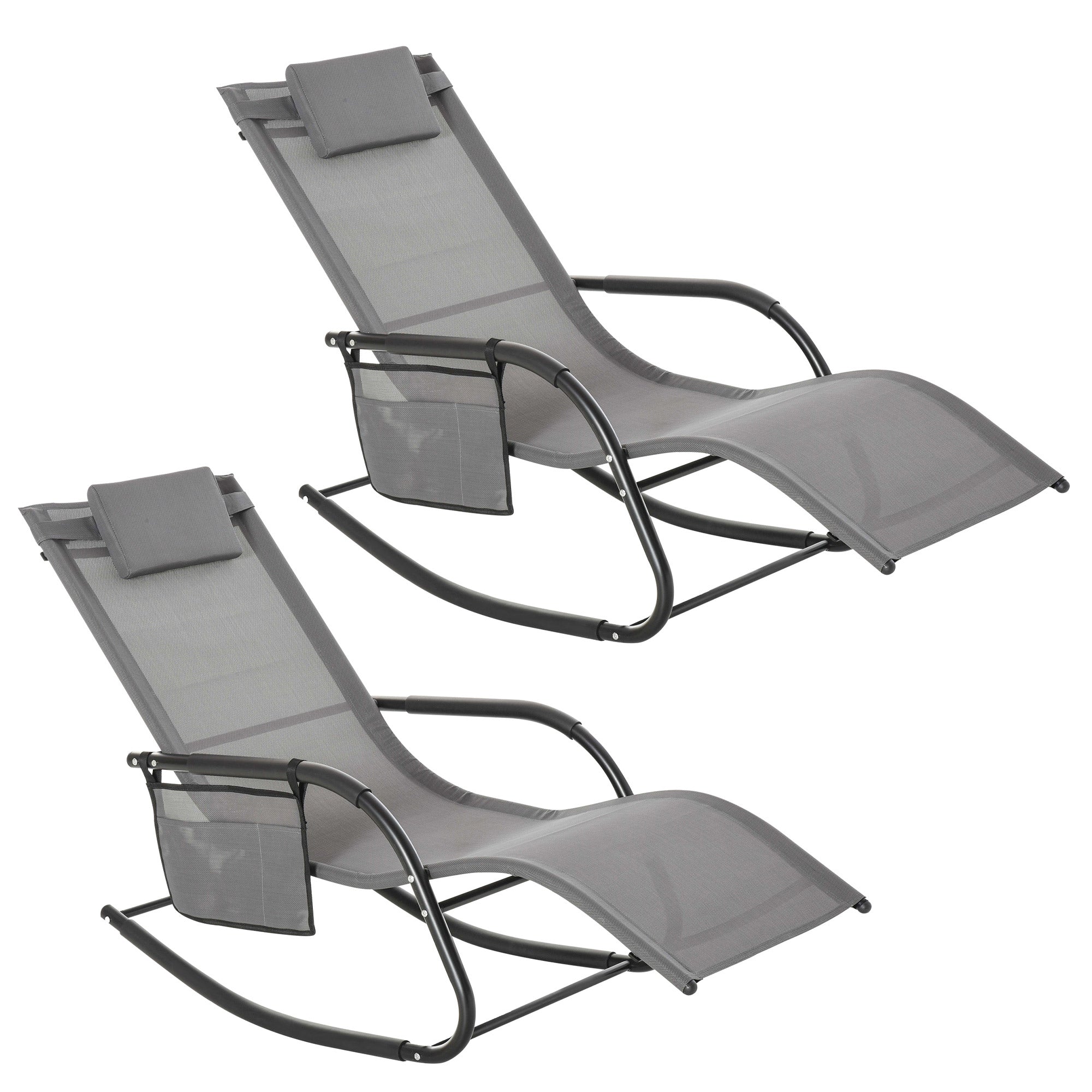 Outsunny 2Pcs Garden Rocking Chair, Patio Sun Lounger Rocker Chair w/ Breathable Mesh Fabric, Removable Headrest Pillow, Side Storage Bag, Grey