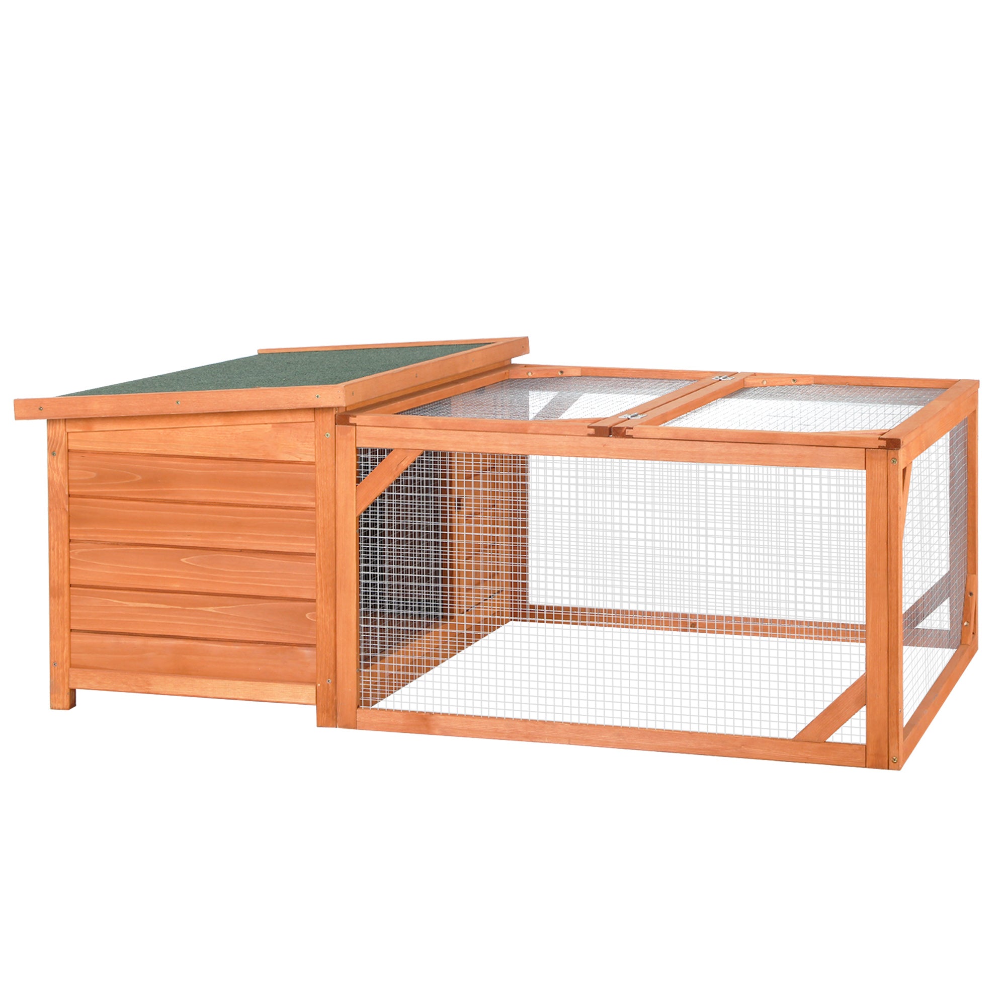 PawHut Rabbit Hutch Small Animal Guinea Pig House Off-ground Ferret Bunny Cage Backyard with Openable Main House & Run Roof 125.5 x 100 x 49cm Orange