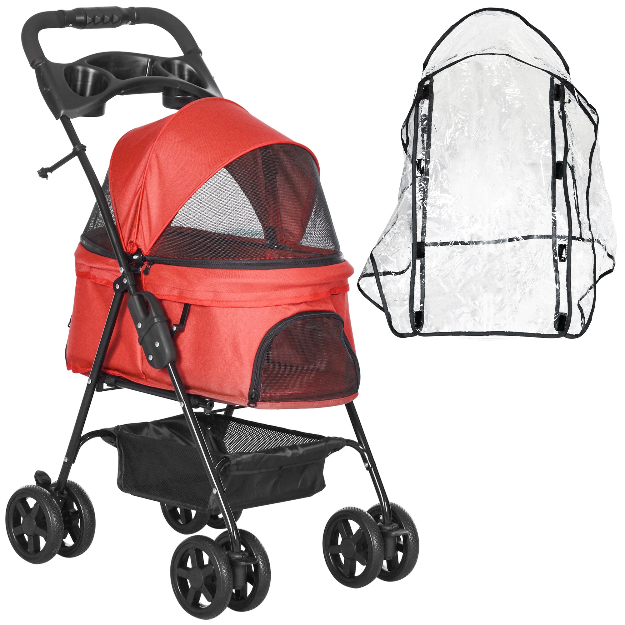 PawHut Pet Stroller, Weather Shield, One-Click Fold, EVA Tyres, Brake, Storage, Adjustable Hood, Safety Tether, Red