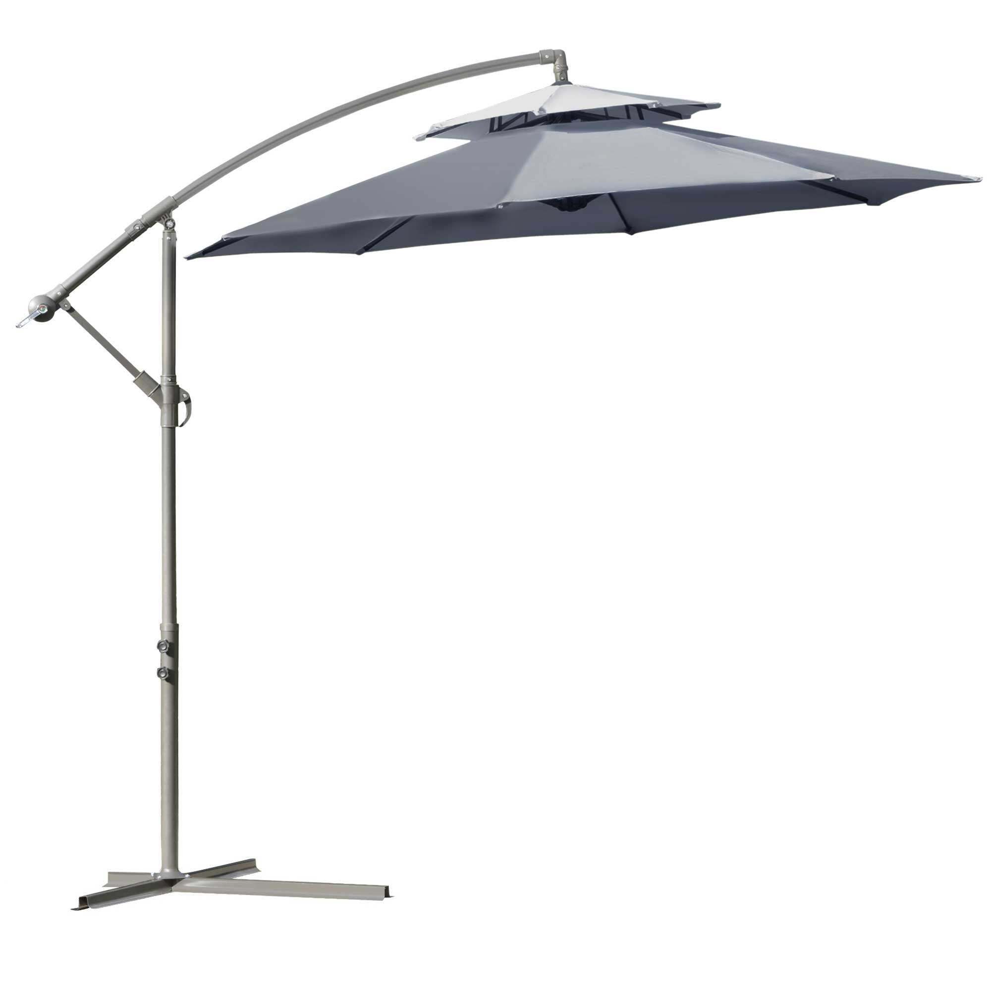 Outsunny 2.7m Garden Banana Parasol Cantilever Umbrella with Crank Handle, Double Tier Canopy and Cross Base for Outdoor, Hanging Sun Shade, Dark Grey