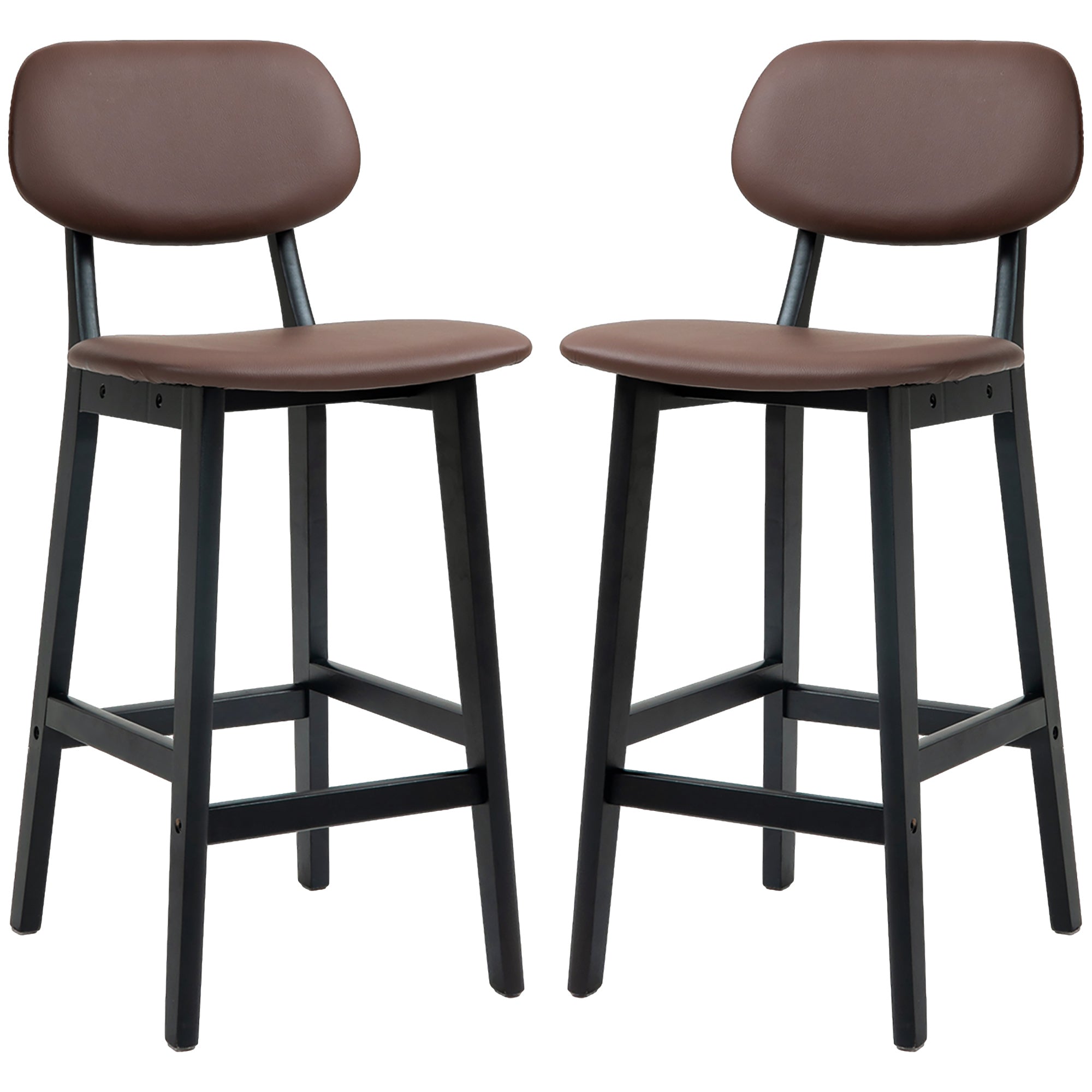 HOMCOM Bar Stools Set of 2, Modern Breakfast Bar Chairs, Faux Leather Upholstered Kitchen Stools with Backs and Wood Legs, Brown