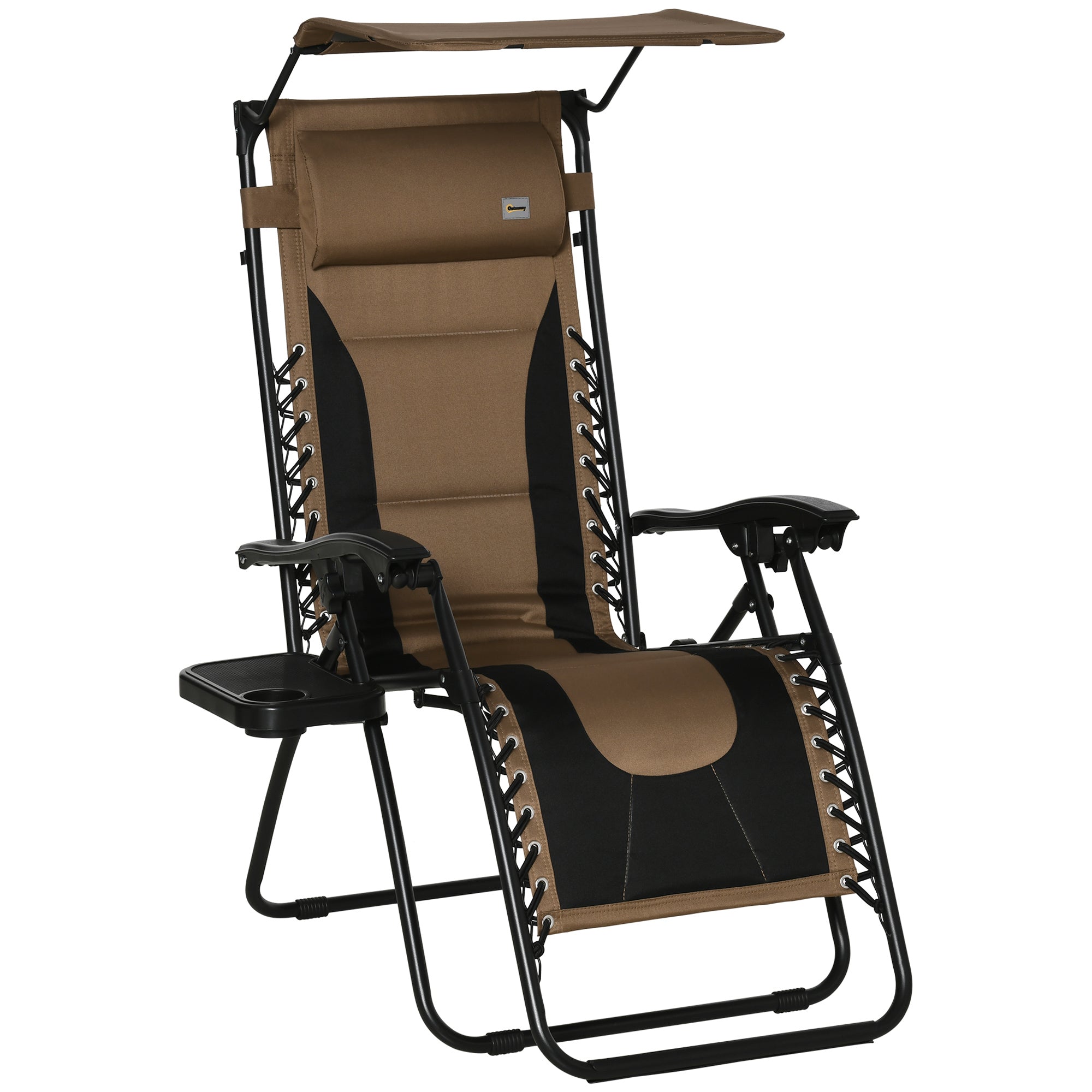 Outsunny Zero Gravity Recliner Chair, Foldable Patio Lounger with Sunshade, Drink Holder & Cushion for Outdoor, Camping, Brown