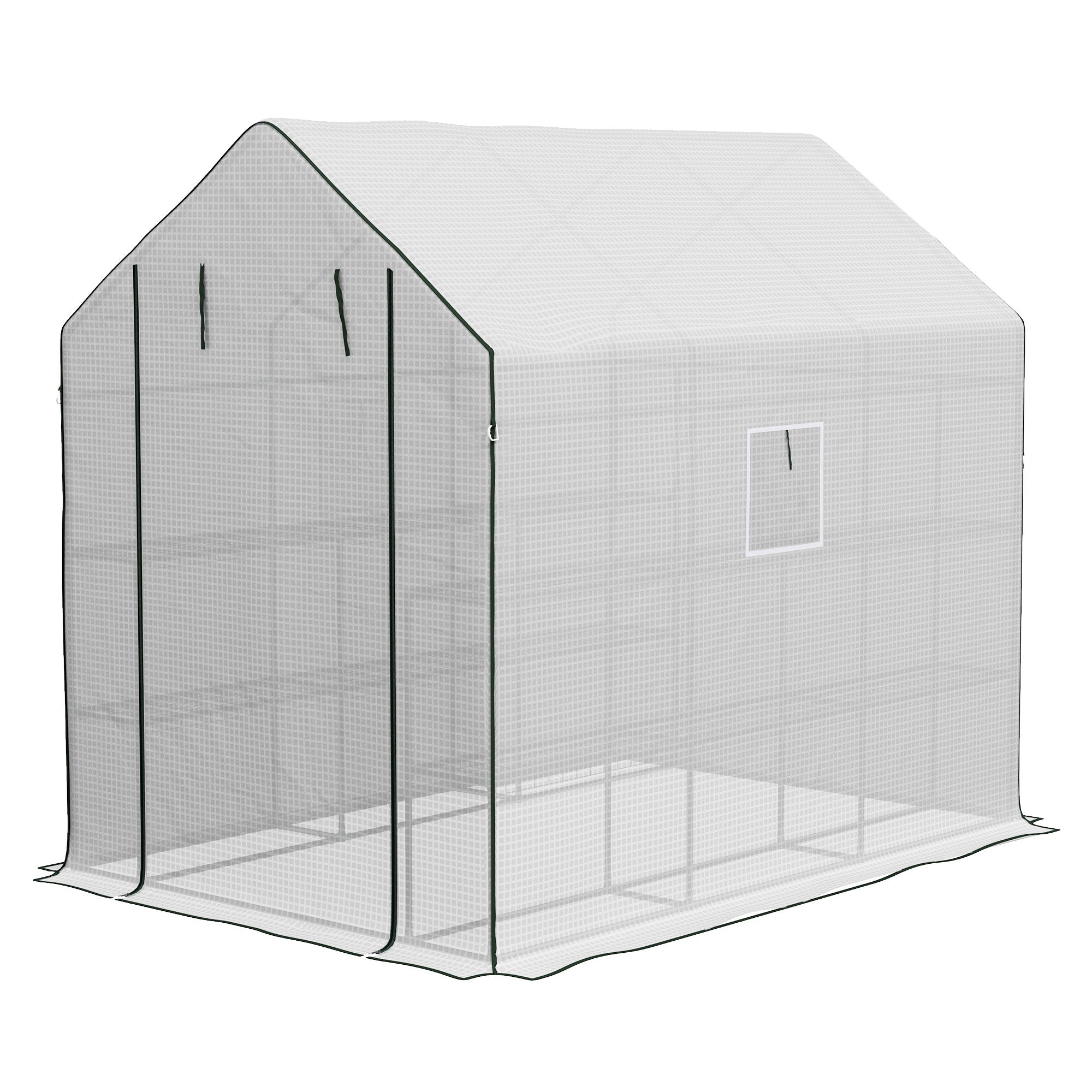 Outsunny Walk-in Greenhouse with PE Cover, 3 Tier Shelves, Roll-up Door & Mesh Windows, 140 x 213 x 190cm, White