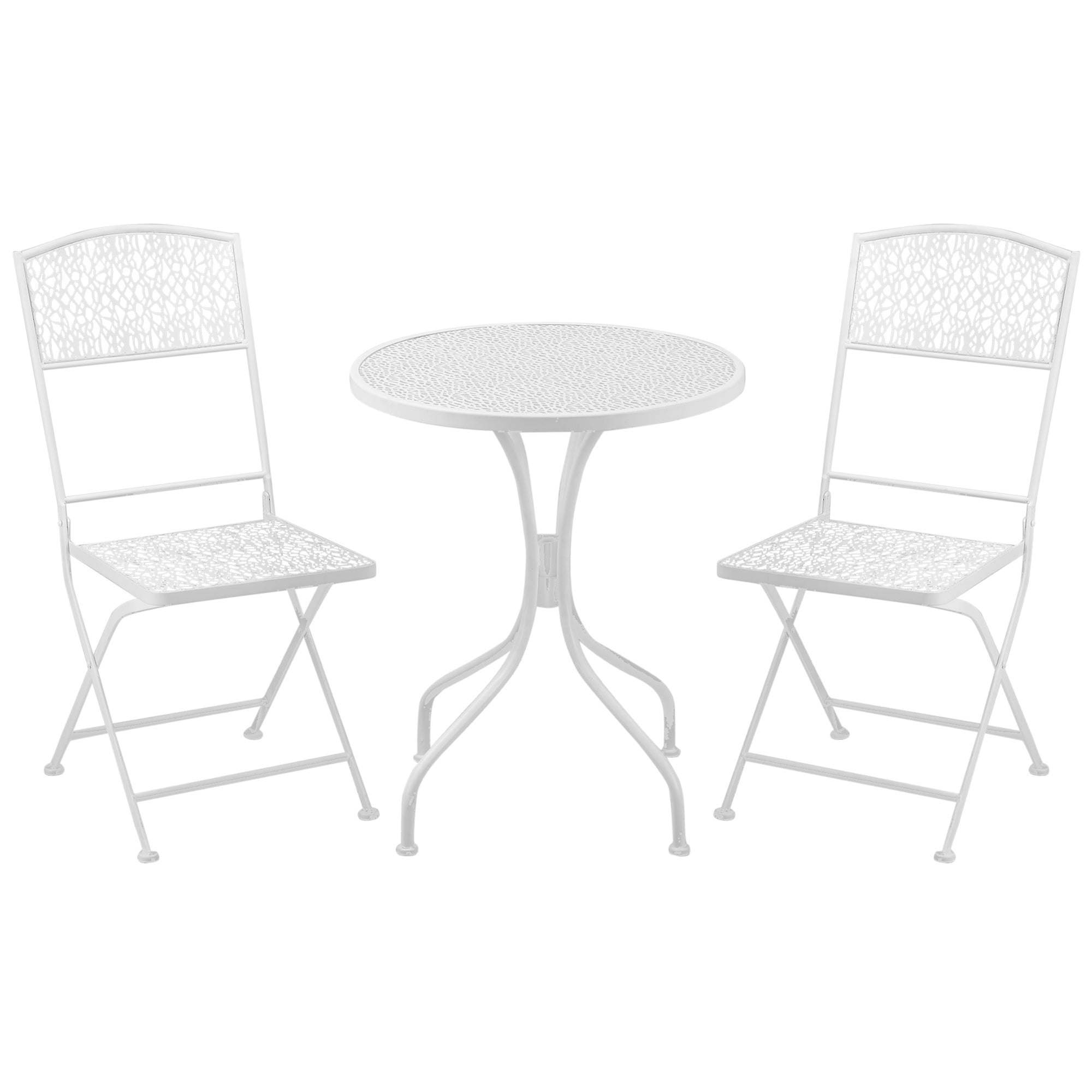 Outsunny Bistro Set for 2, Metal Folding Chairs with Round Table, White, Ideal for Balcony & Outdoor Indoor Use.