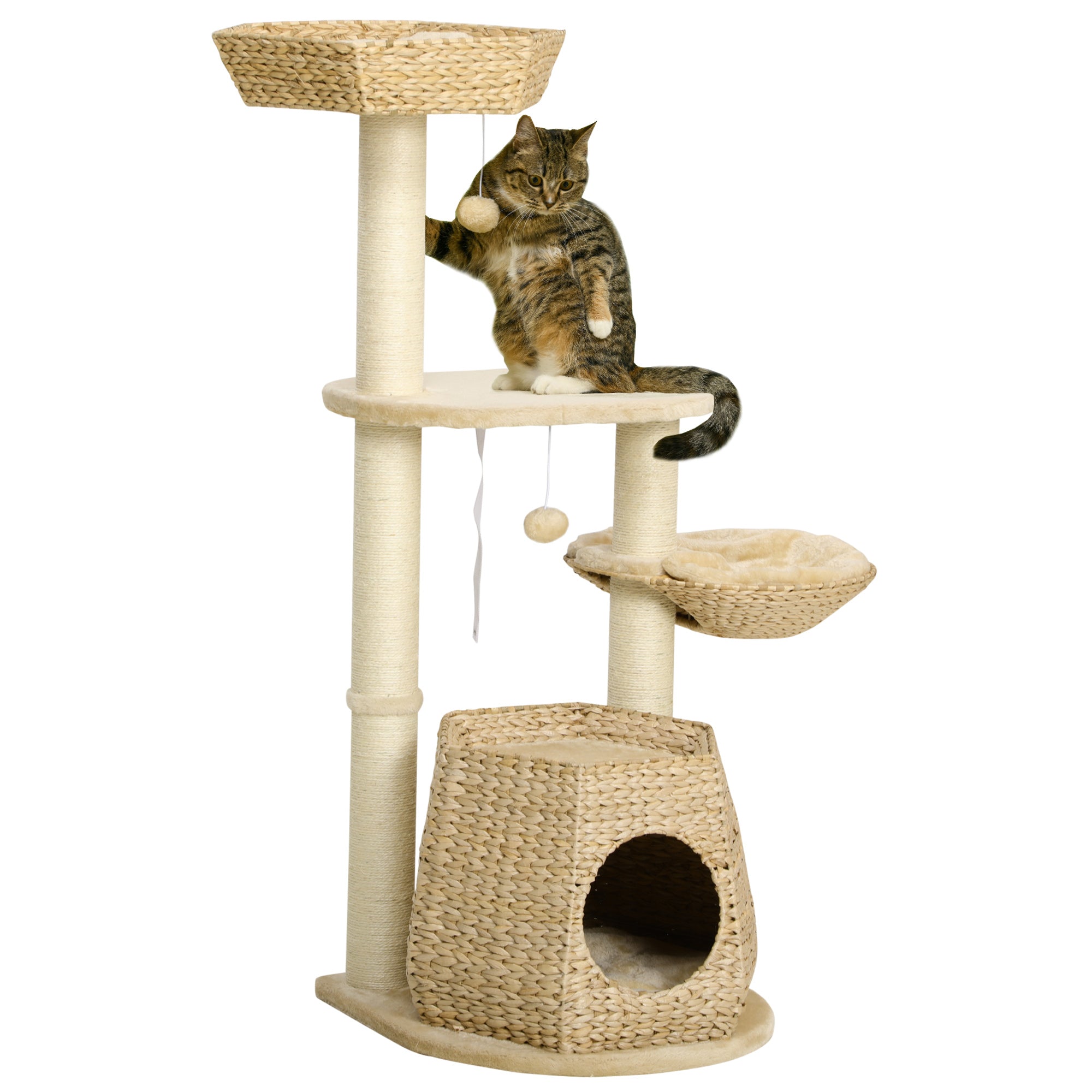 PawHut Cat Tree Tower: Climbing Activity Centre with Cattail, Bed, House, Sisal Scratching Post, Hanging Ball, Natural Tones