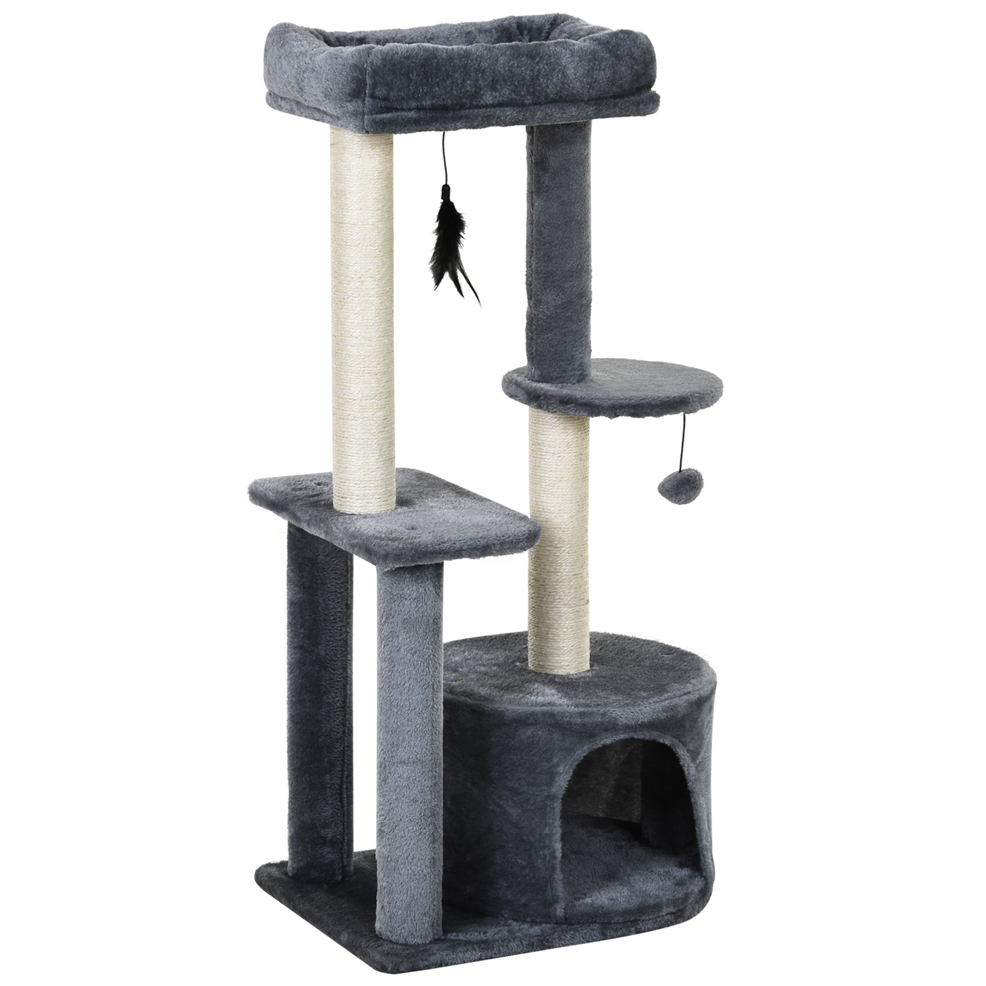 PawHut Cat Tree Tower: Multi-Activity Centre with Perch, House, Scratching Post, Play Ball & Rest Area, Grey & White