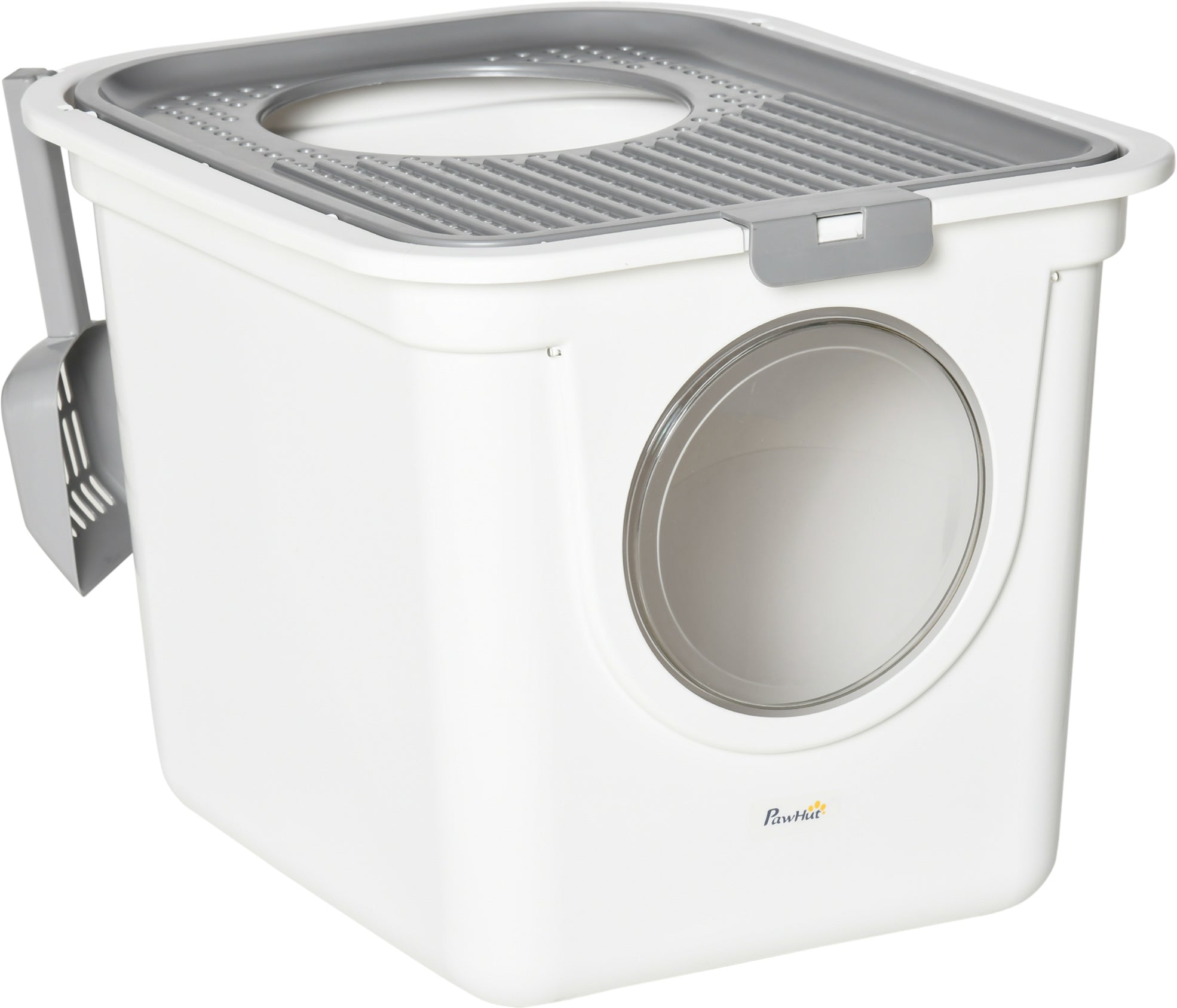 PawHut Enclosed Cat Litter Box, Easy Clean Pet Toilet, Front Entry & Top Exit, Includes Scoop, Sleek White