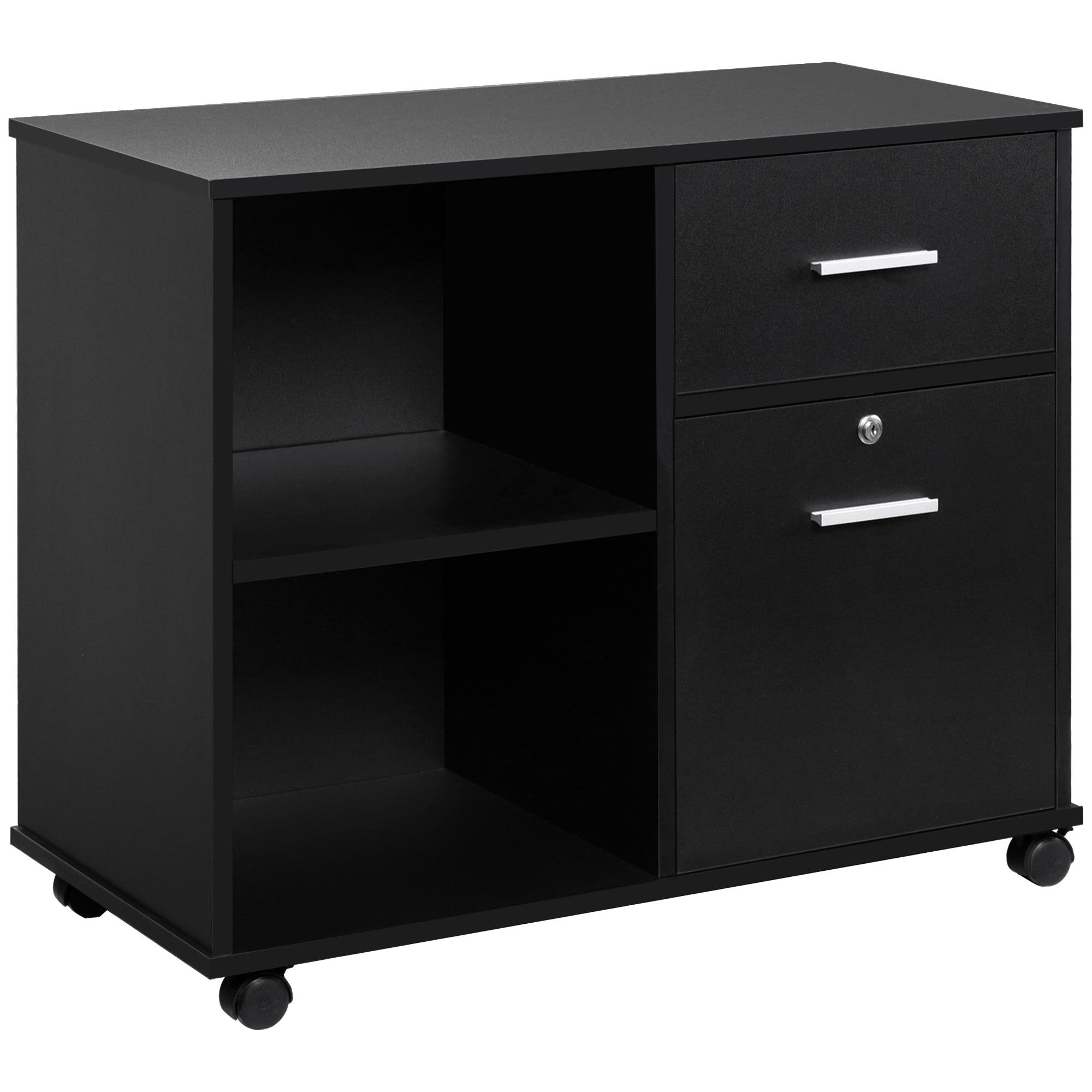 Vinsetto Printer Stand with Wheels, Mobile Filing Cabinet with Open Shelves and Drawers for A4 Documents, Black