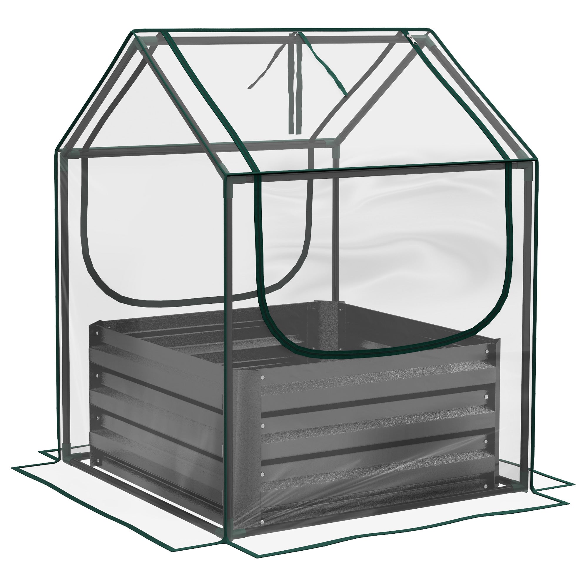 Outsunny Raised Planter Box with Greenhouse Cover, Metal Garden Bed for Vegetables and Herbs, Clear/Dark Grey