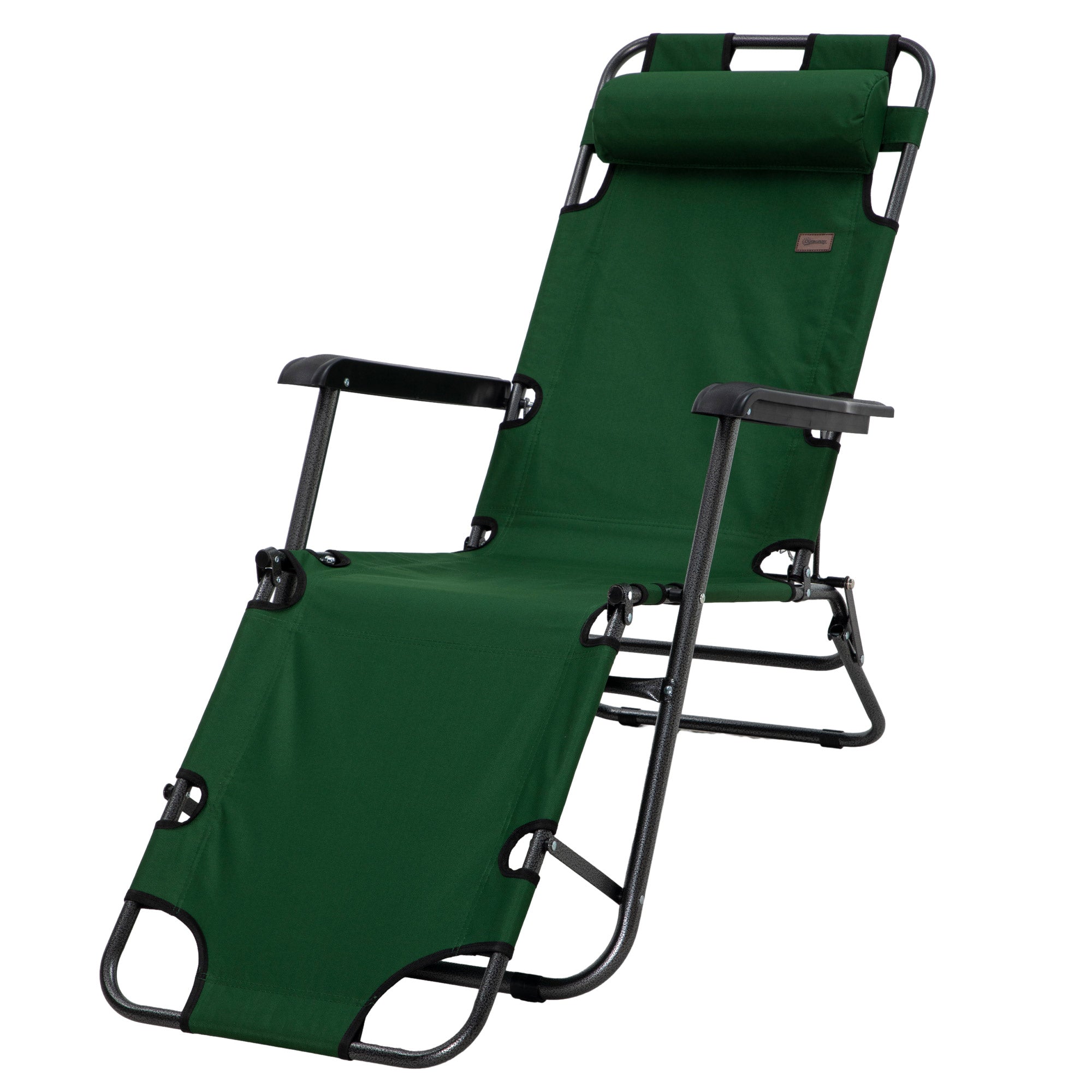 Outsunny 2 in 1 Sun Lounger Folding Reclining Chair Garden Outdoor Camping Adjustable Back with Pillow, Green