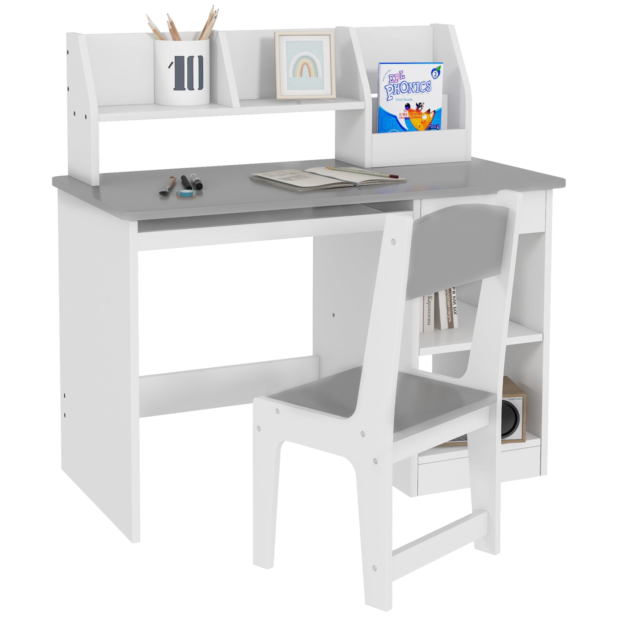 ZONEKIZ Kids Desk and Chair Set with Storage for 5-8 Year Old, 2 Pieces Childrens Table and Chair Set, Grey