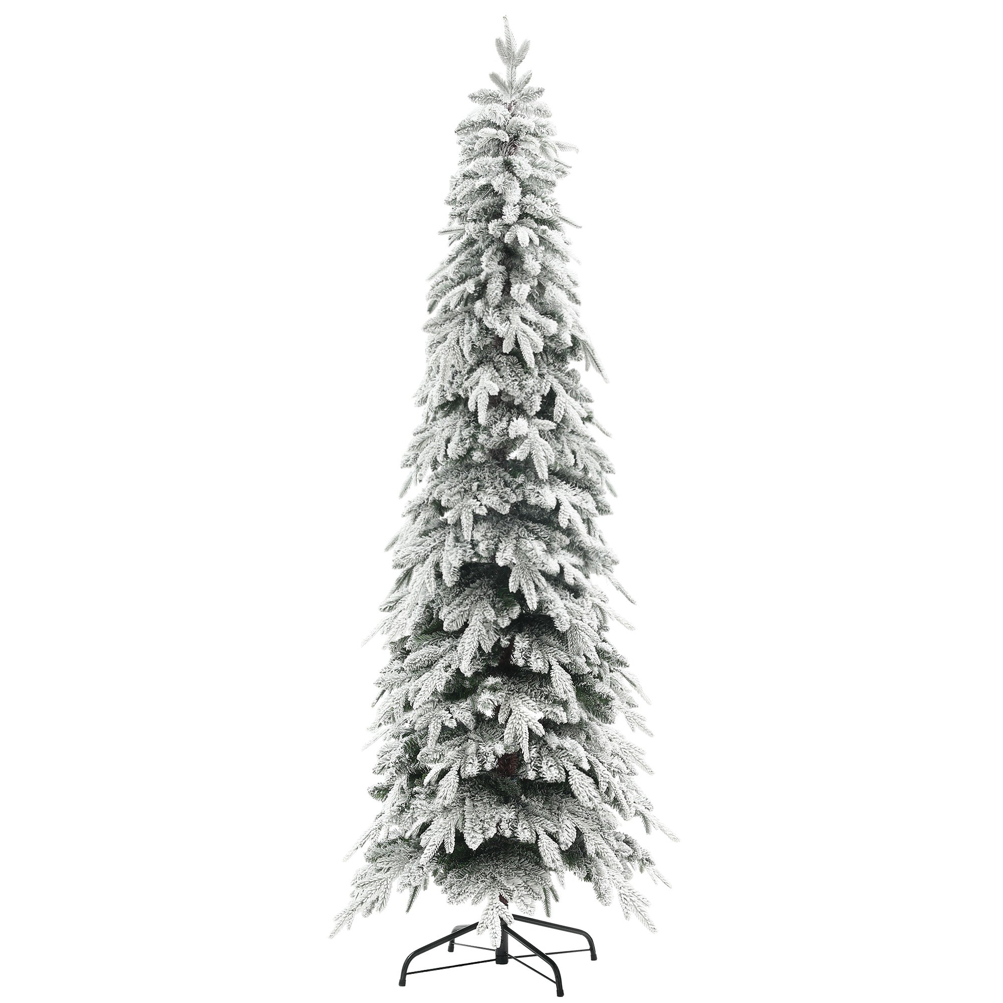 HOMCOM 7ft Pencil Artificial Christmas Tree, Snow Flocked Xmas Tree with Downswept Branches and 800 Tips, Auto Open, Steel Base, Holiday Decoration for Home Office, Green