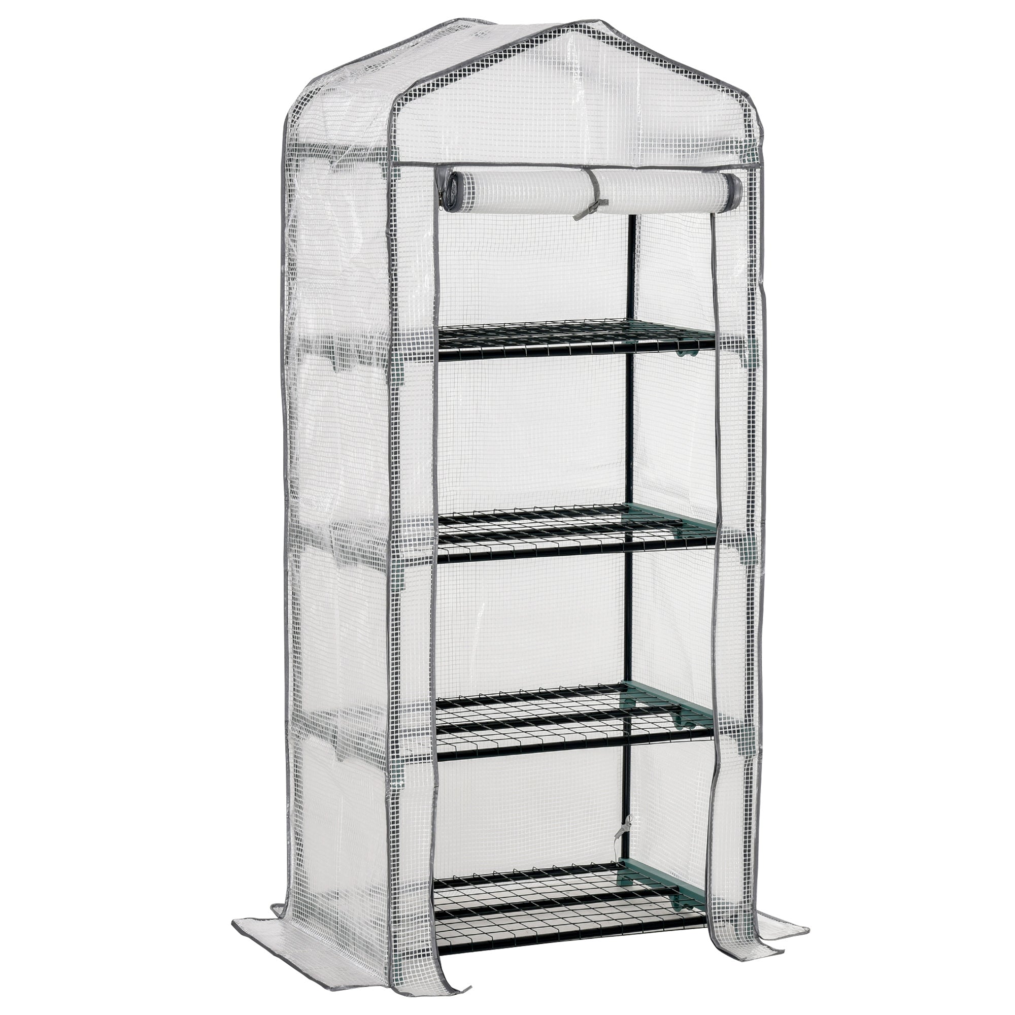 Outsunny Portable Mini Greenhouse, 4 Tier, Metal Frame with PE Cover, Plant Grow Shed, 160H x 70L x 50W cm, White.