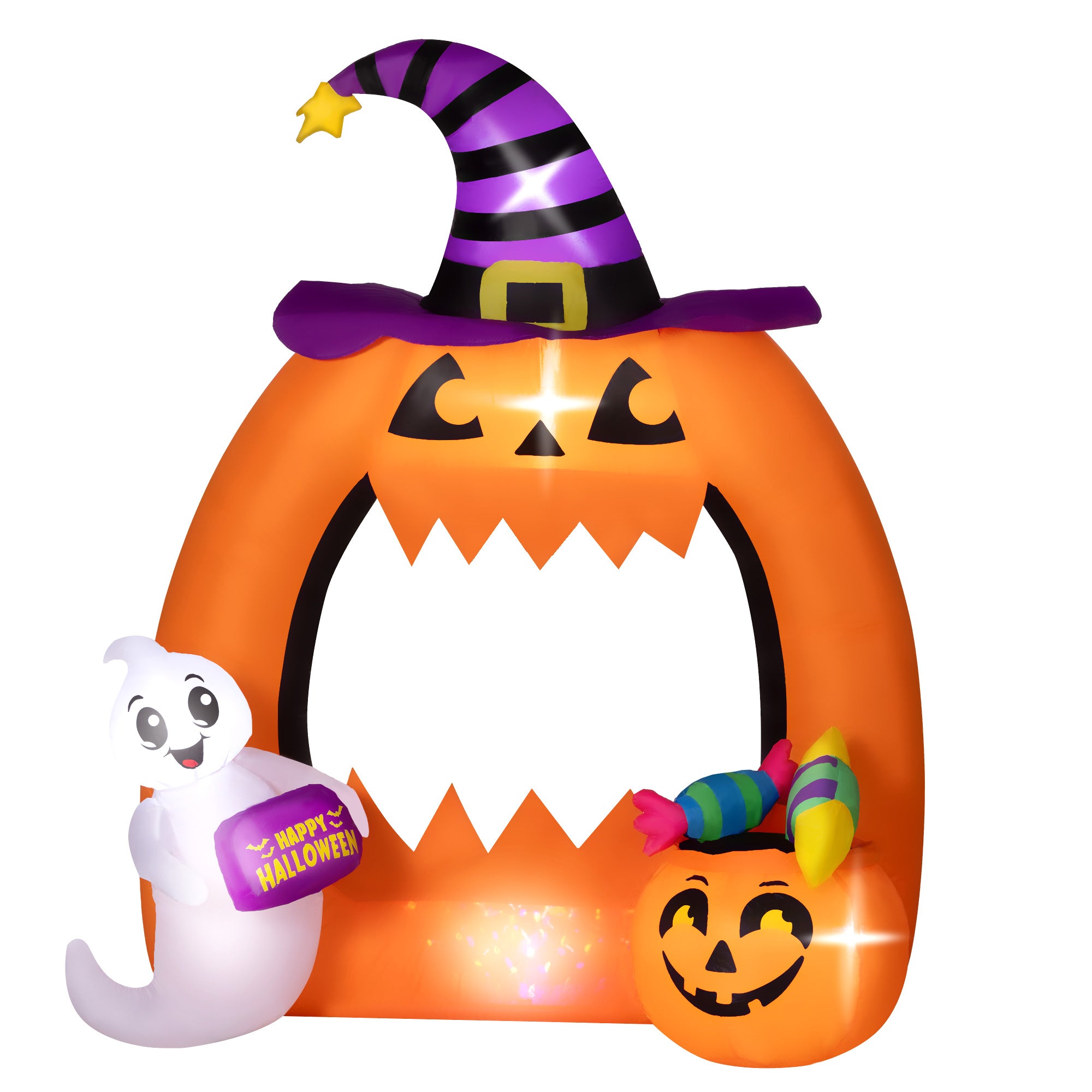 Outsunny 4.9FT Tall Halloween Inflatable Pumpkin Archway with Cute Ghost, Blow-Up Outdoor Halloween Decoration with LED Lights for Lawn, Garden, Party