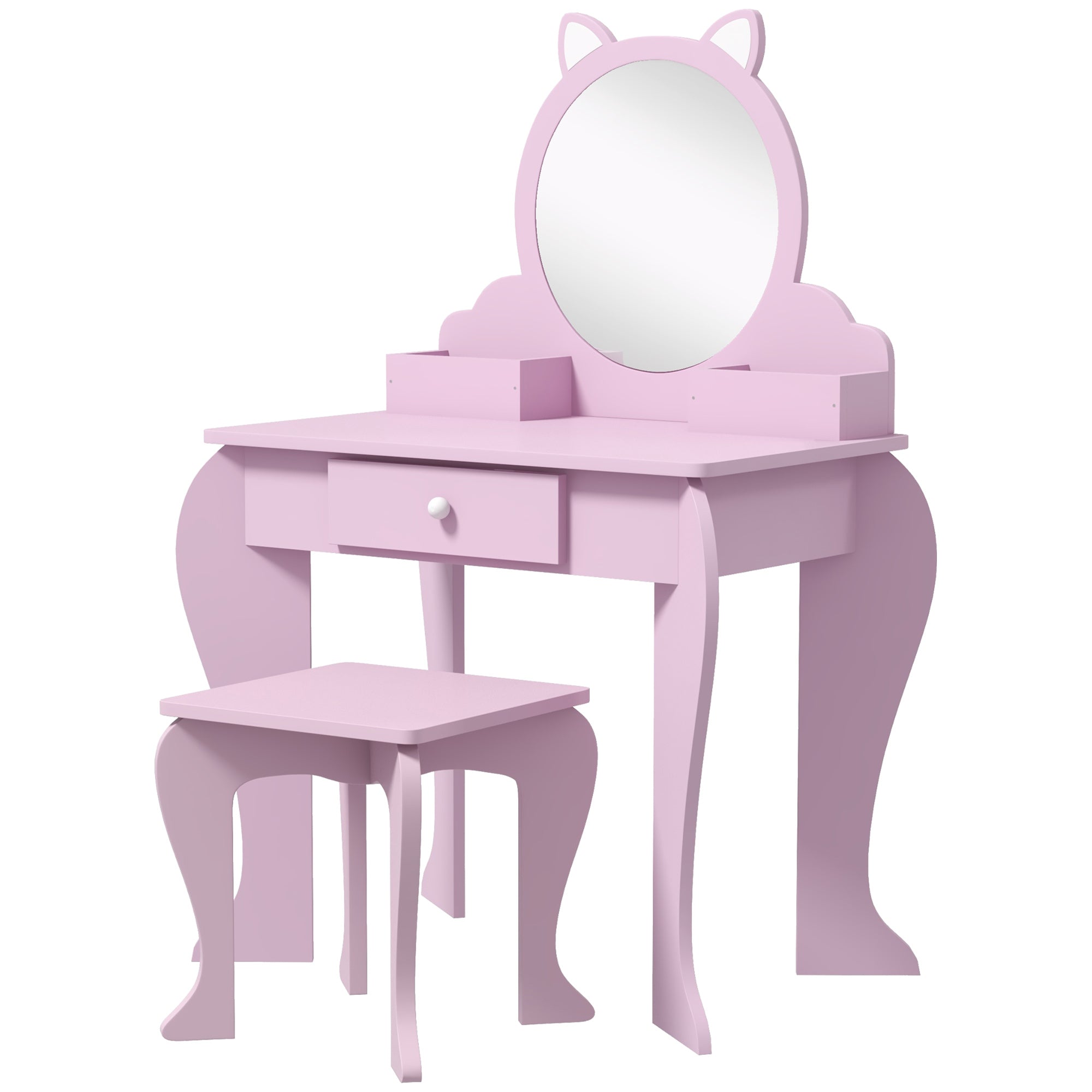 ZONEKIZ Children's Vanity Set with Mirror, Stool, Cat Theme, Drawer, Organiser Boxes for Ages 3-6, Pink