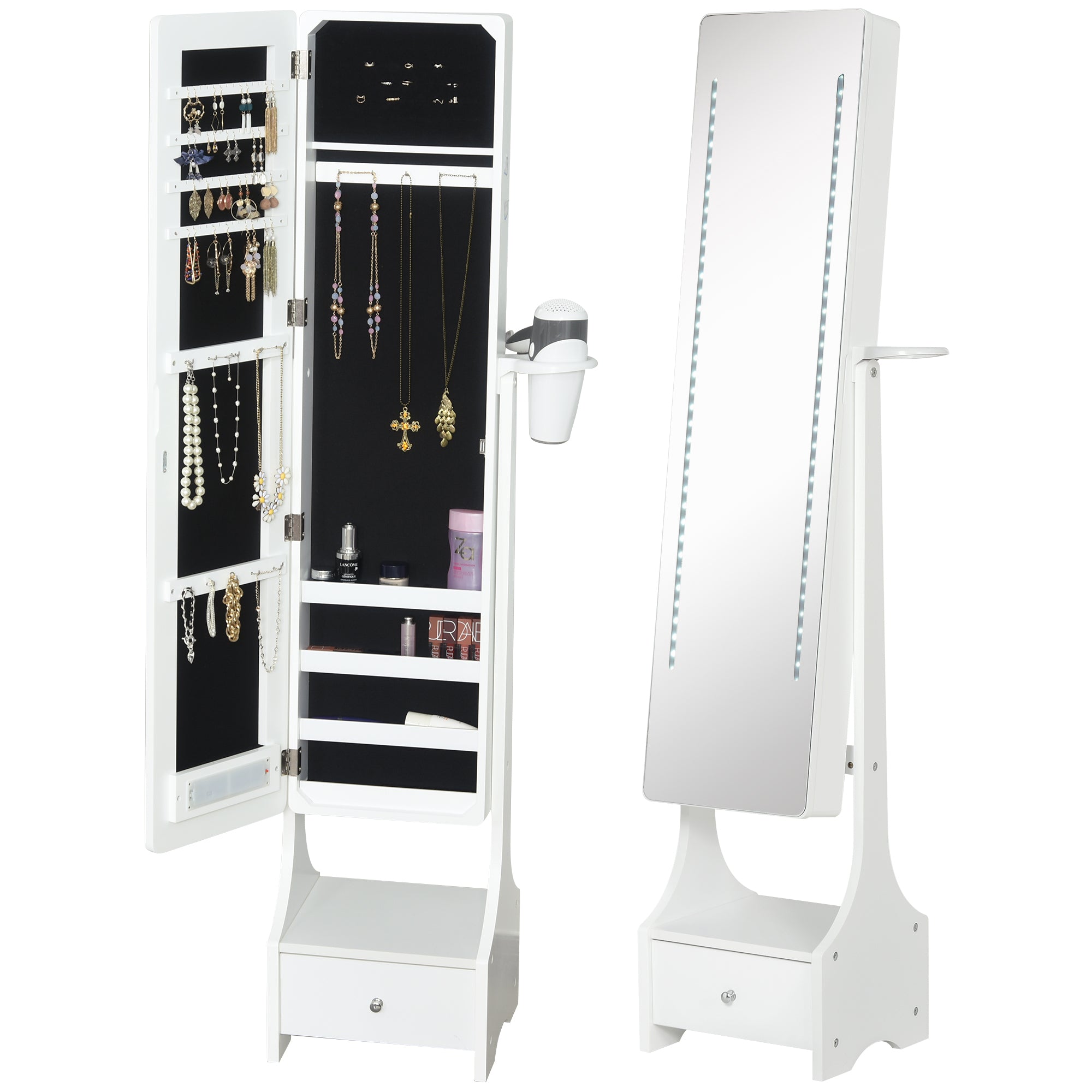 HOMCOM Jewellery Cabinet with Mirror, Freestanding Armoire LED Lights, Hooks, Drawer, Hairdryer Holder, Vanity Adjustable, White