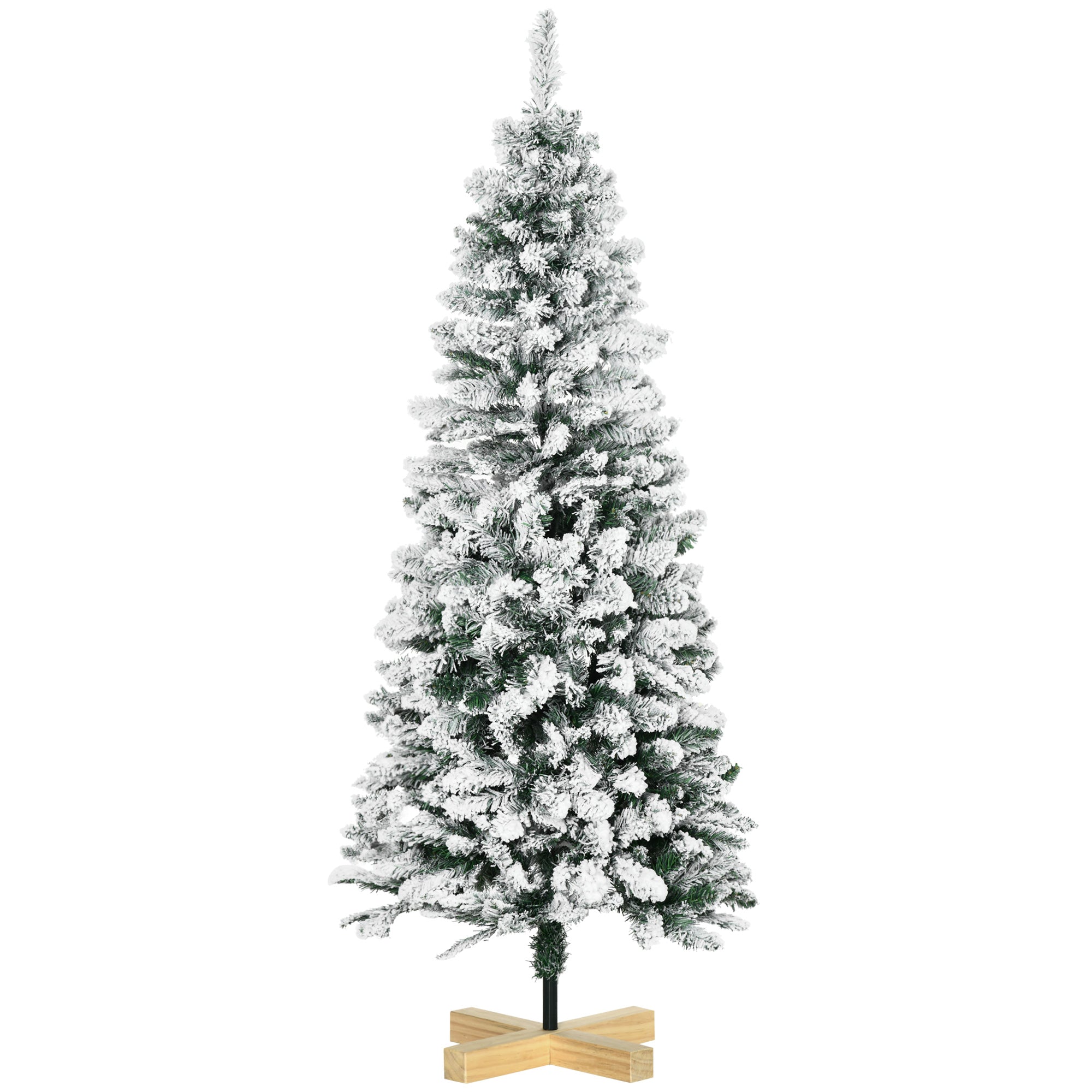 HOMCOM 5 Foot Snow Flocked Artificial Christmas Tree, Xmas Pencil Tree with 426 Realistic Branches, Auto Open, Pinewood Base, Green