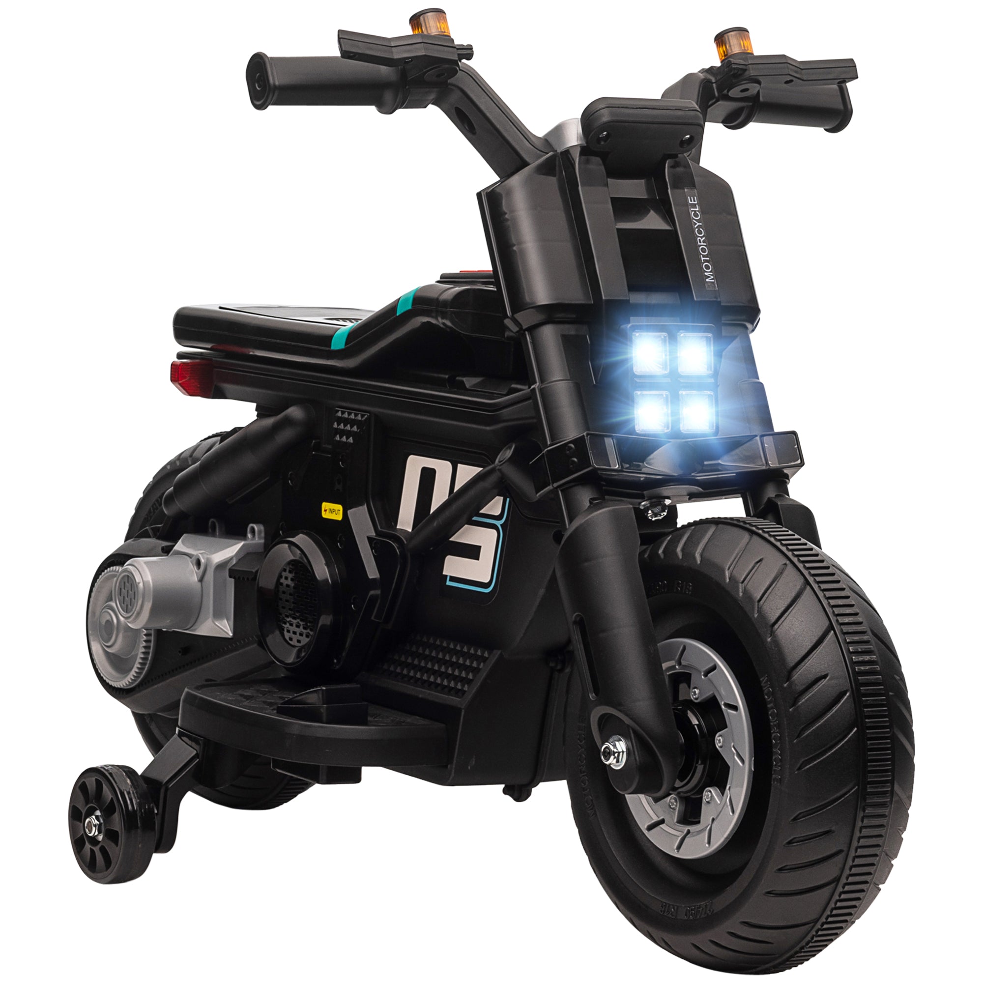 HOMCOM Kids Electric Motorbike with Siren, Horn, Headlights, Music, Training Wheels, for Ages 3-5 Years - Black