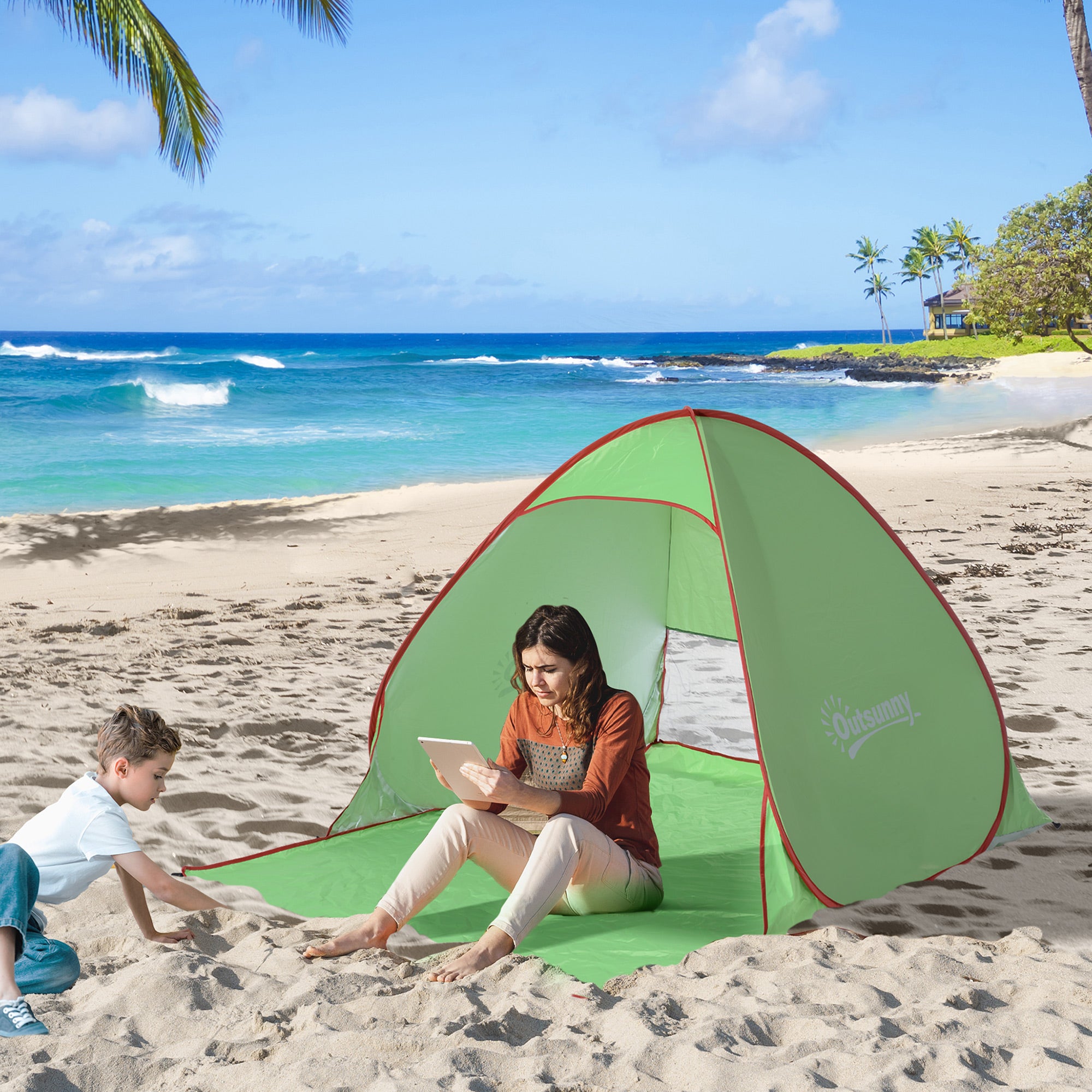 Outsunny Portable Beach Haven: Instant Pop-Up Shelter for 2-3, UV30+ Protection, Lightweight Sunshade for Seaside & Hiking, Verdant Green