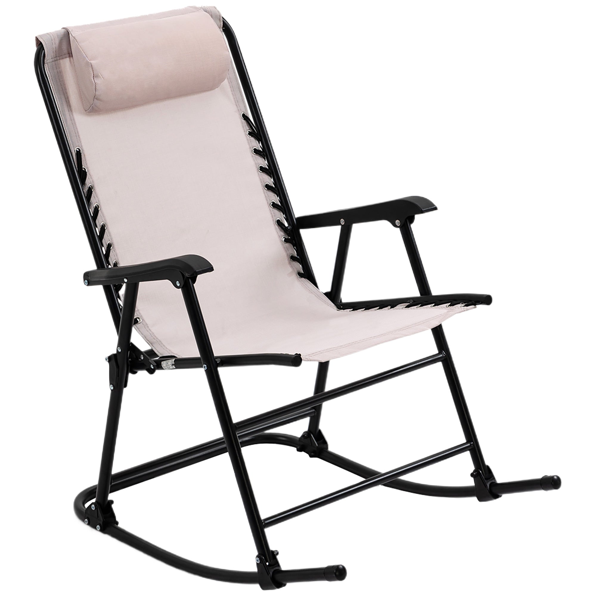 Outsunny Folding Rocking Chair Outdoor Adjustable Zero-Gravity Rocker with Headrest for Camping, Fishing, Patio, Deck, Beige