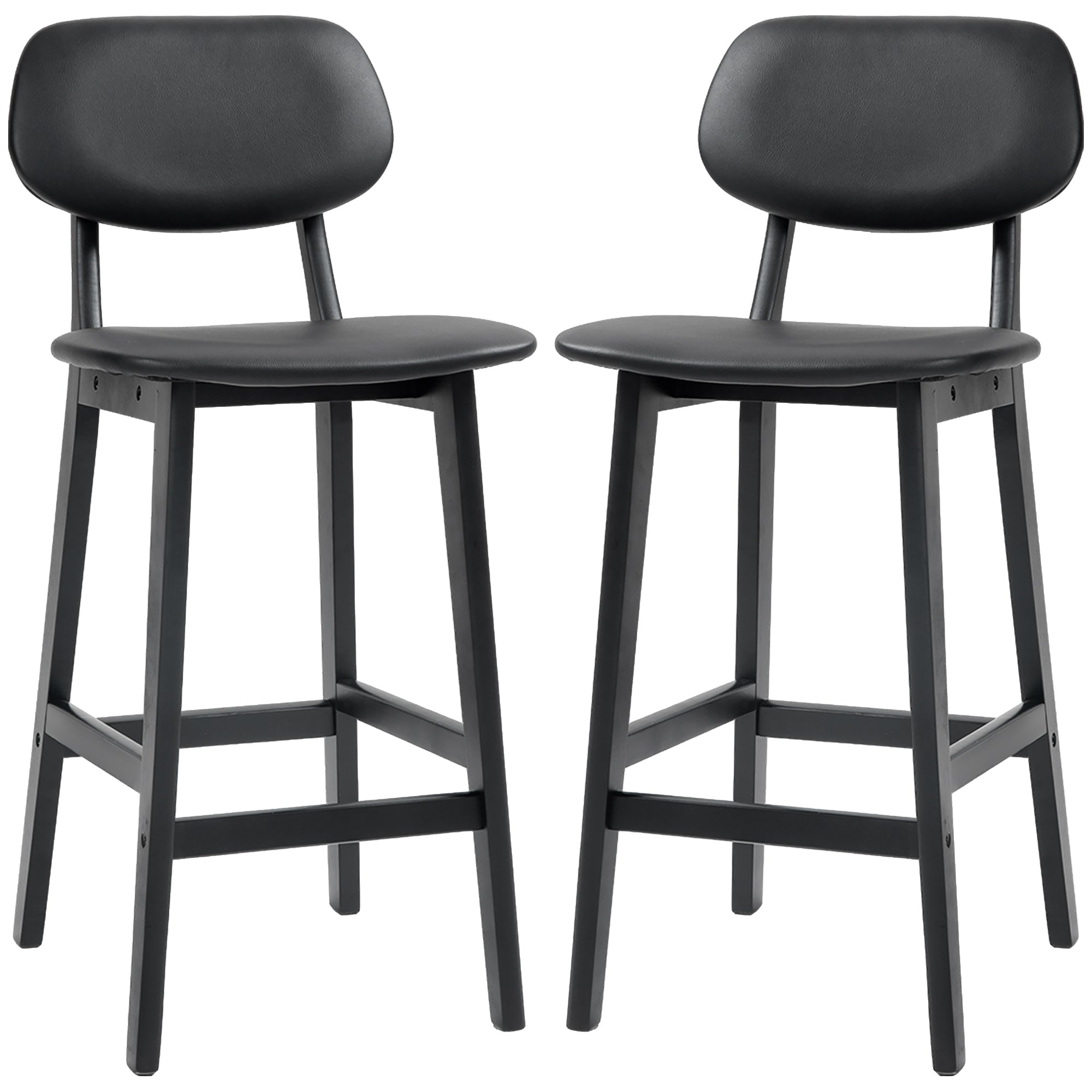 HOMCOM Bar Stools Set of 2, Modern Breakfast Bar Chairs, Faux Leather Upholstered Kitchen Stools with Backs and Wood Legs, Black