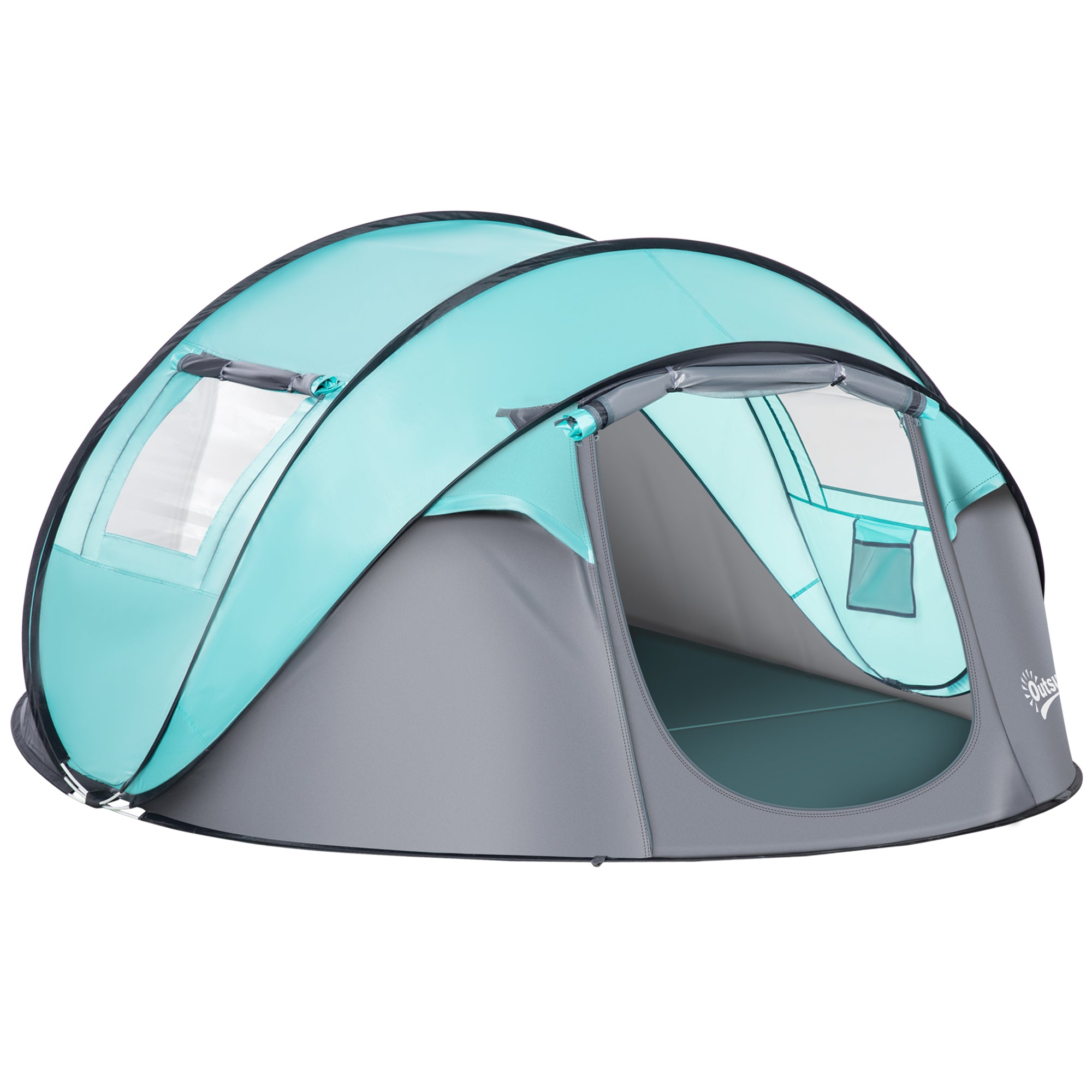 Outsunny 4 Person Pop Up Camping Tent with Vestibule Weatherproof Cover, Instant Backpacking Tent w/ Carry Bag for Fishing Hiking, Tiffany Blue