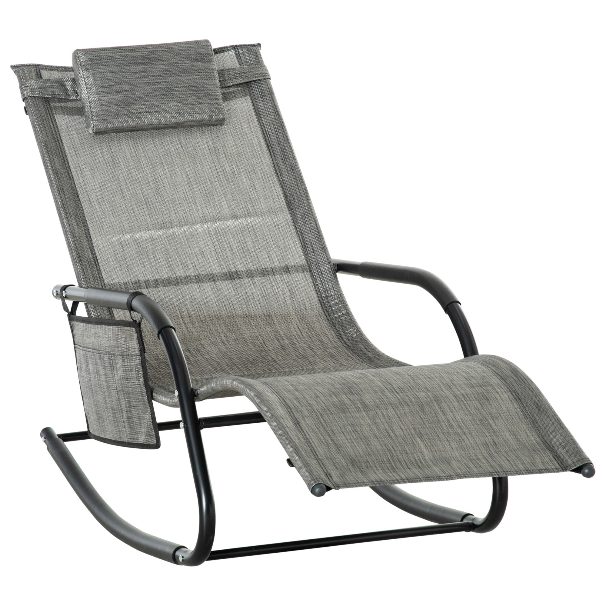 Outsunny Breathable Mesh Rocking Chair Patio Rocker Lounge for Indoor & Outdoor Recliner Seat w/ Removable Headrest for Garden and Patio Dark Grey