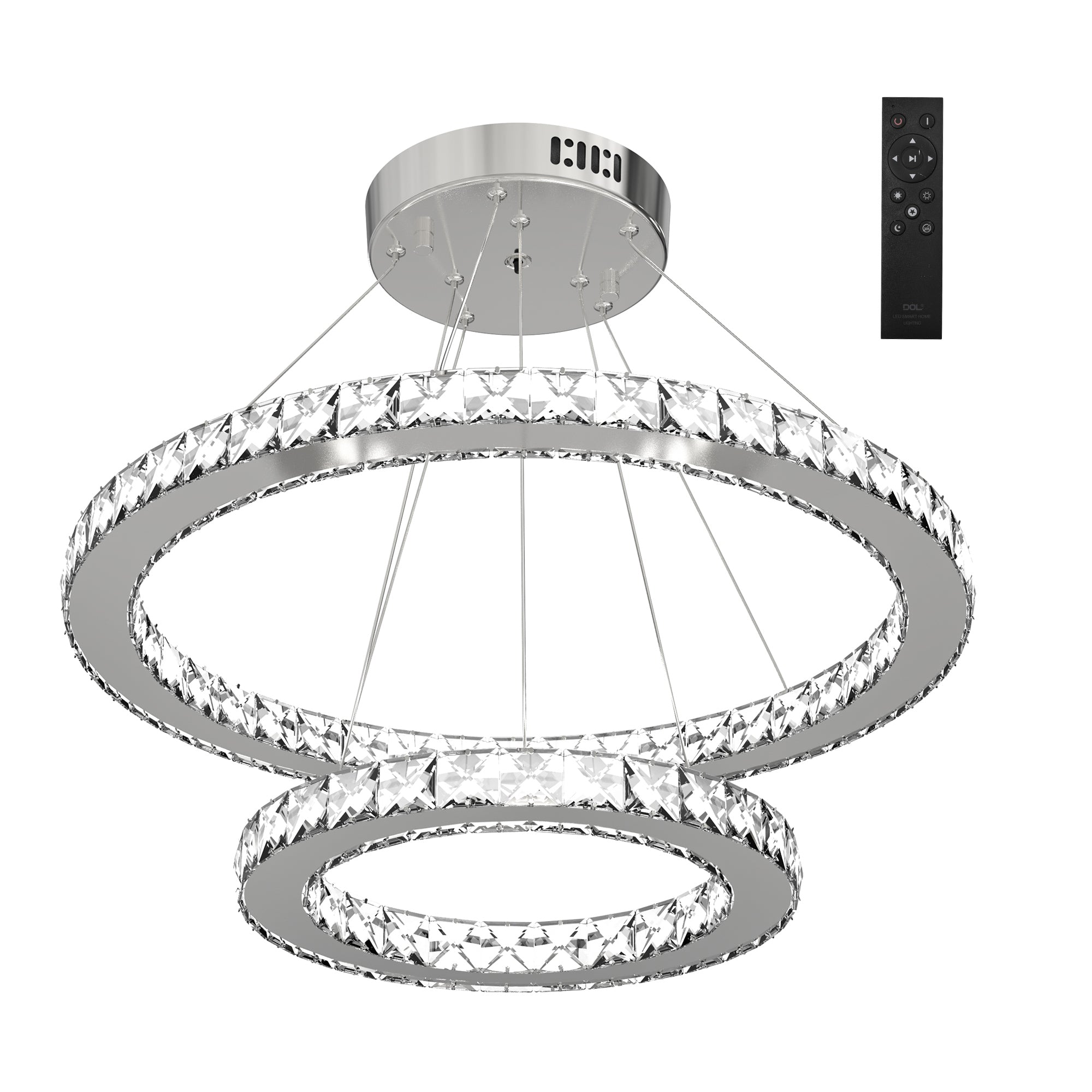 HOMCOM Modern LED Chandelier with 2 Crystal Rings, Dimmable Pendent Ceiling Light Cool Warm White with Adjustable Cable Remote Controller, Silver